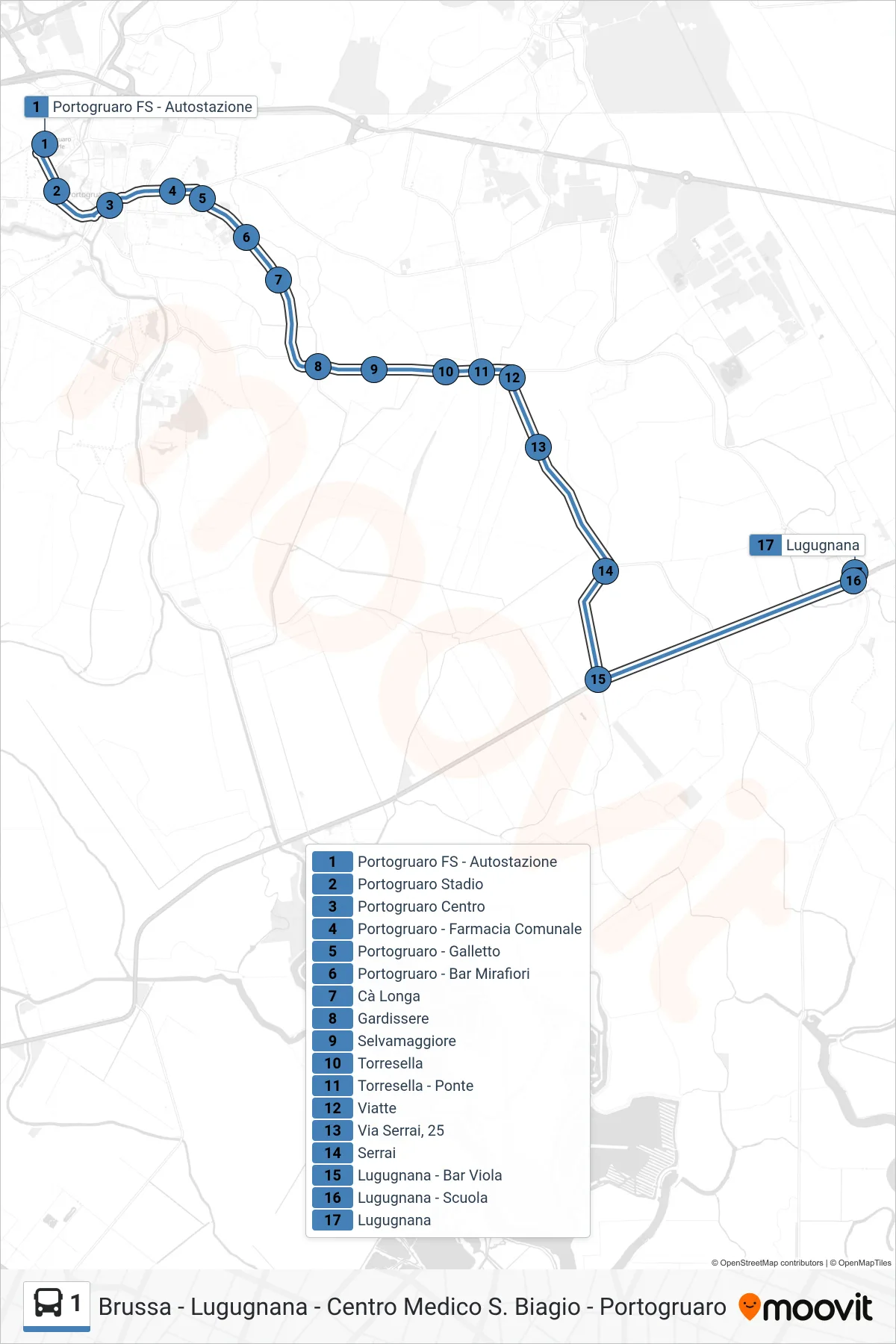 Linea 1  bus (Lugugnana) - Percorsi e fermate sulla mappa