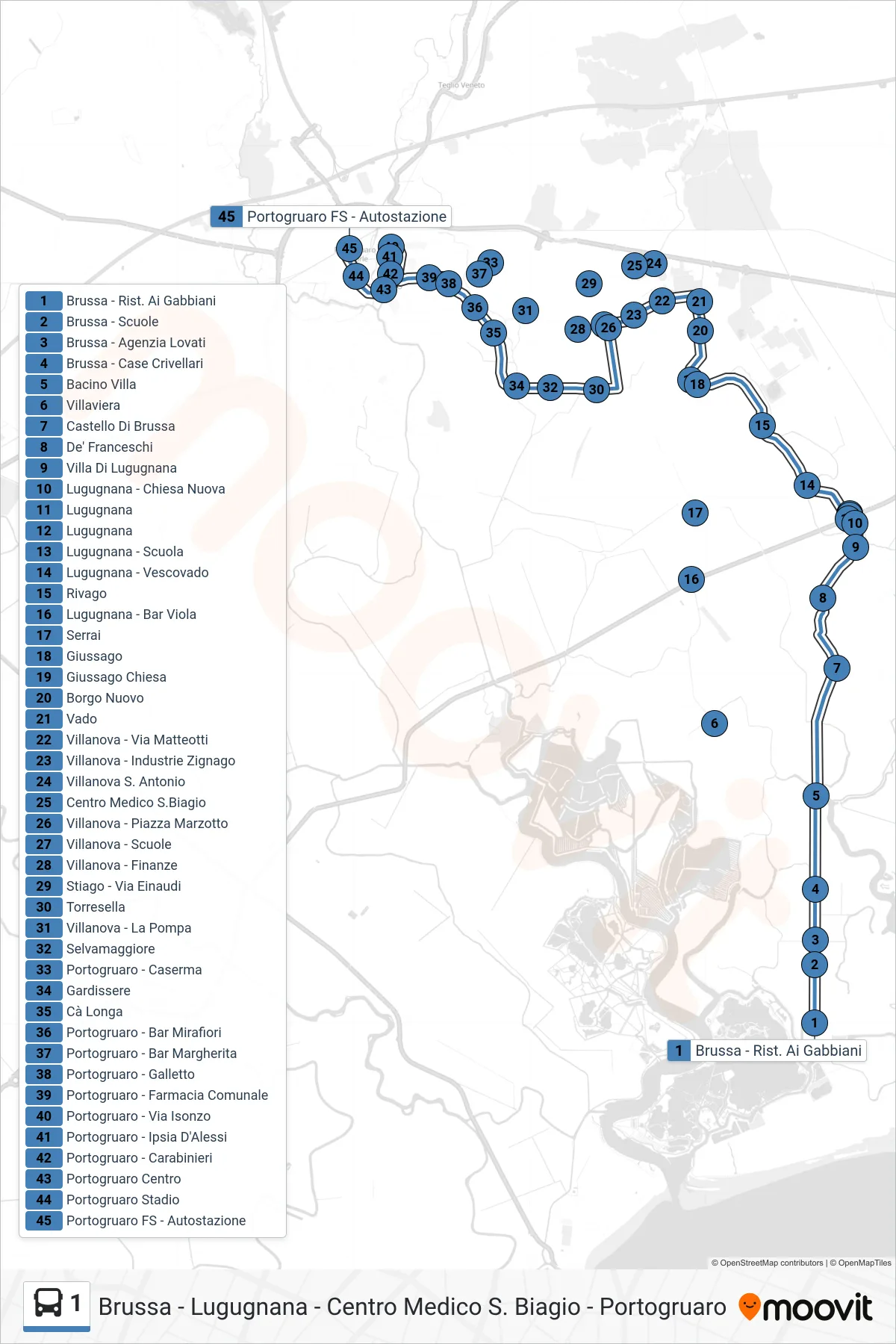 Linea 1 bus (Portogruaro) - Percorsi e fermate sulla mappa