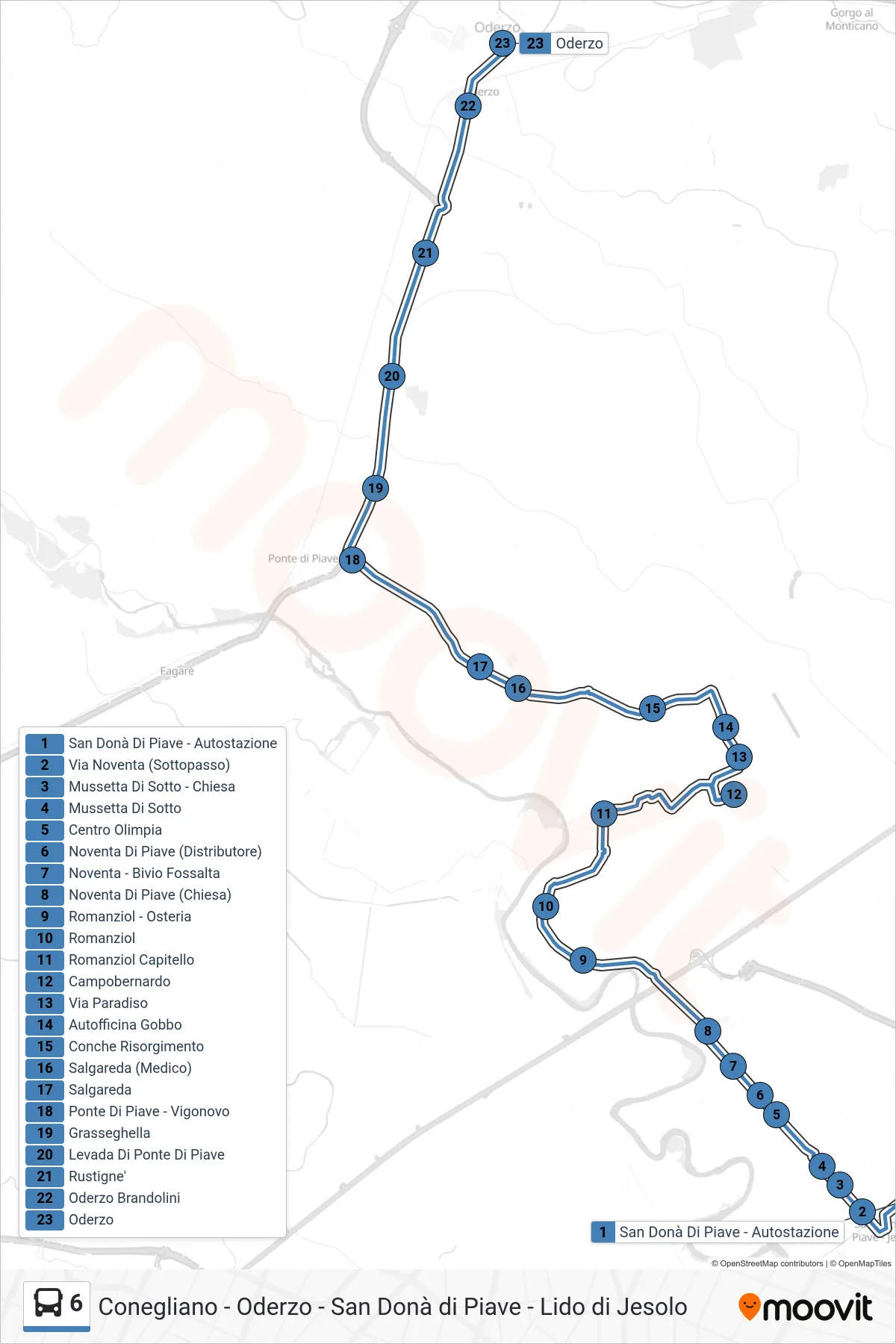 Linea 6 bus (Oderzo) - Percorsi e fermate sulla mappa