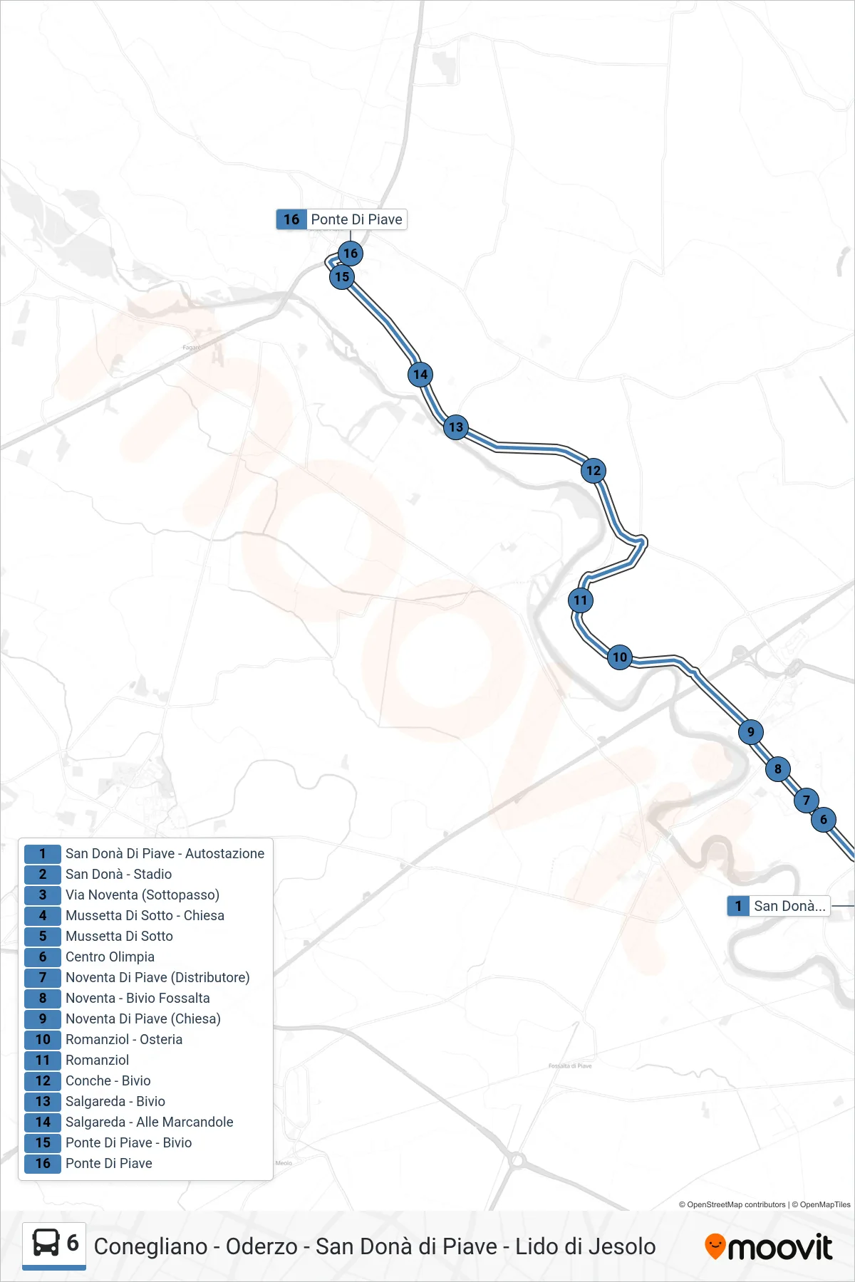 Linea 6 bus (Ponte di Piave) - Percorsi e fermate sulla mappa
