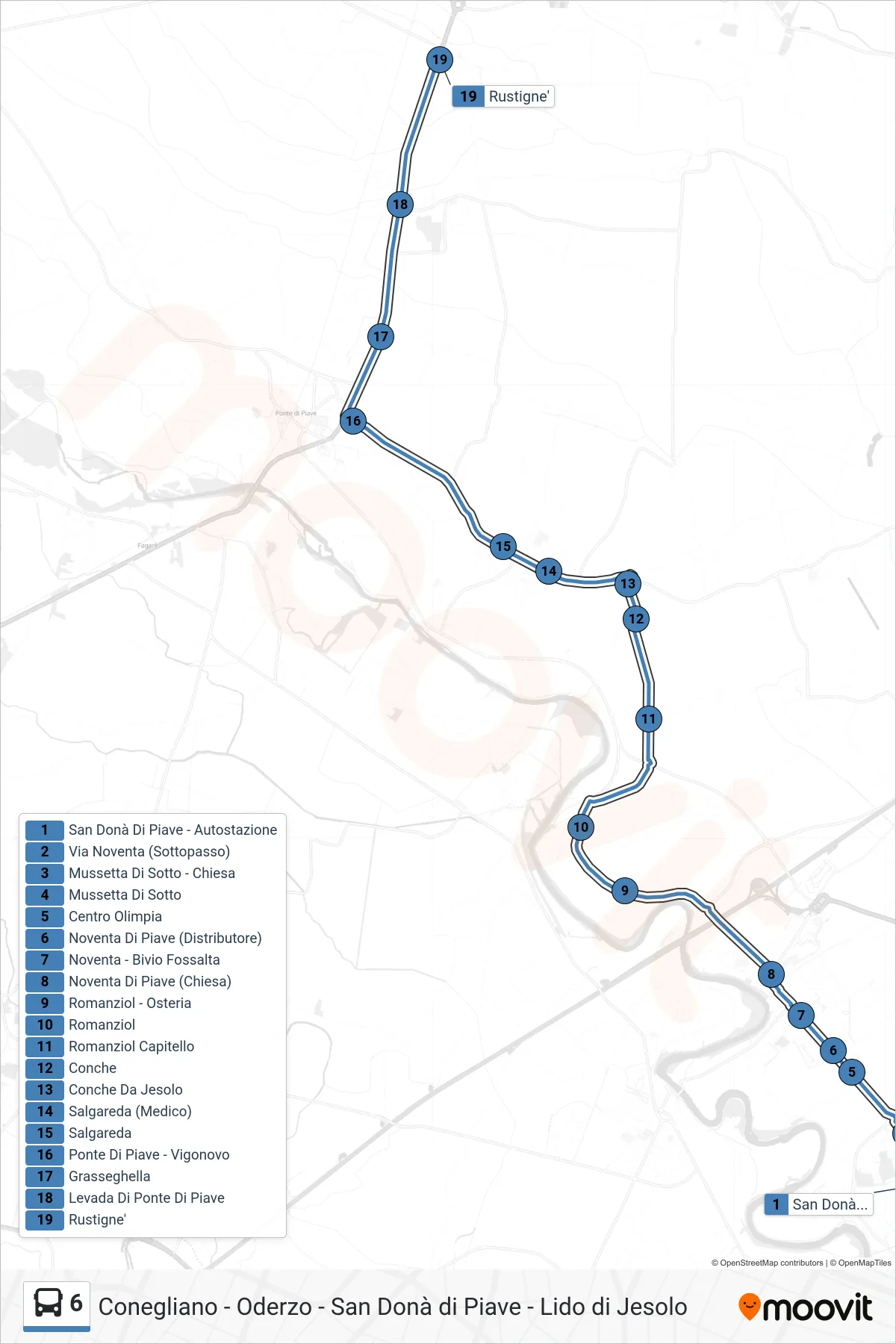 Linea 6  bus (Rustignè) - Percorsi e fermate sulla mappa