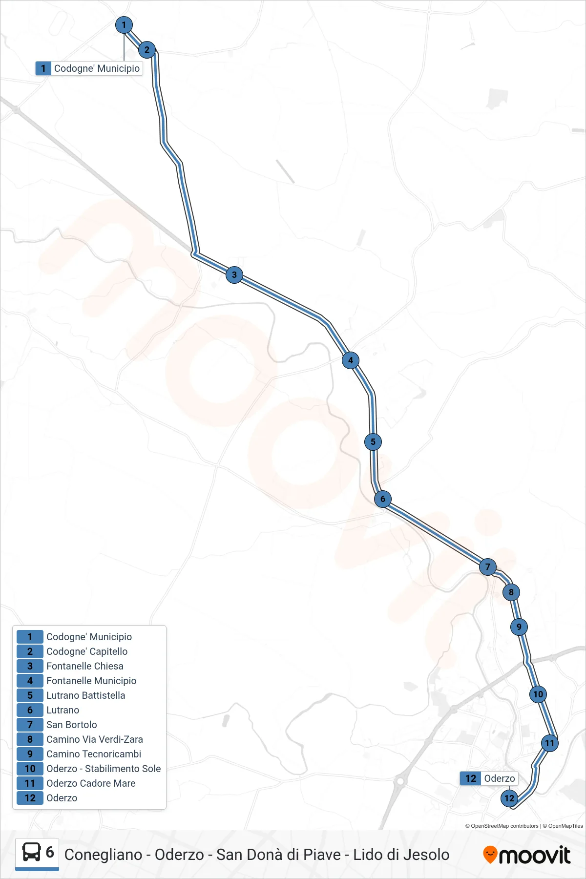Linea 6 bus (Oderzo) - Percorsi e fermate sulla mappa