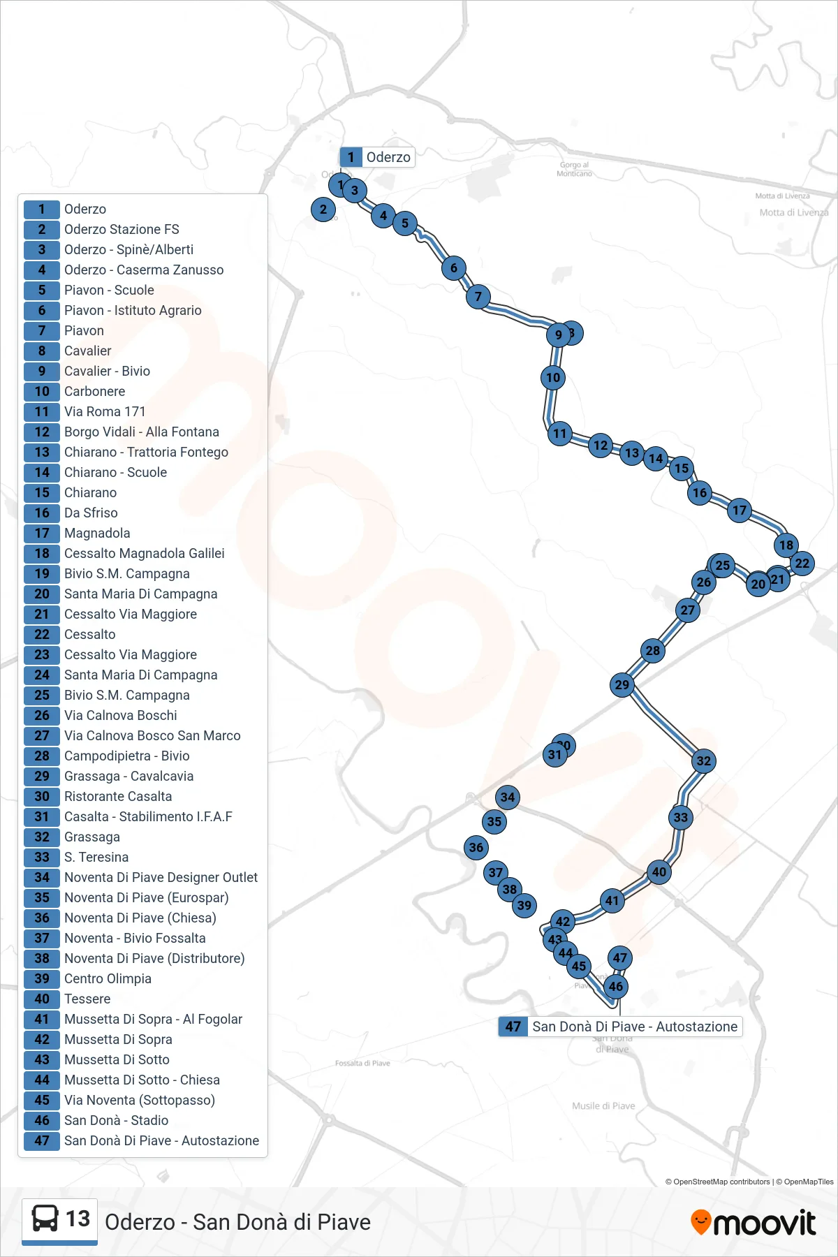 Linea 13 bus (San Donà di Piave) - Percorsi e fermate sulla mappa