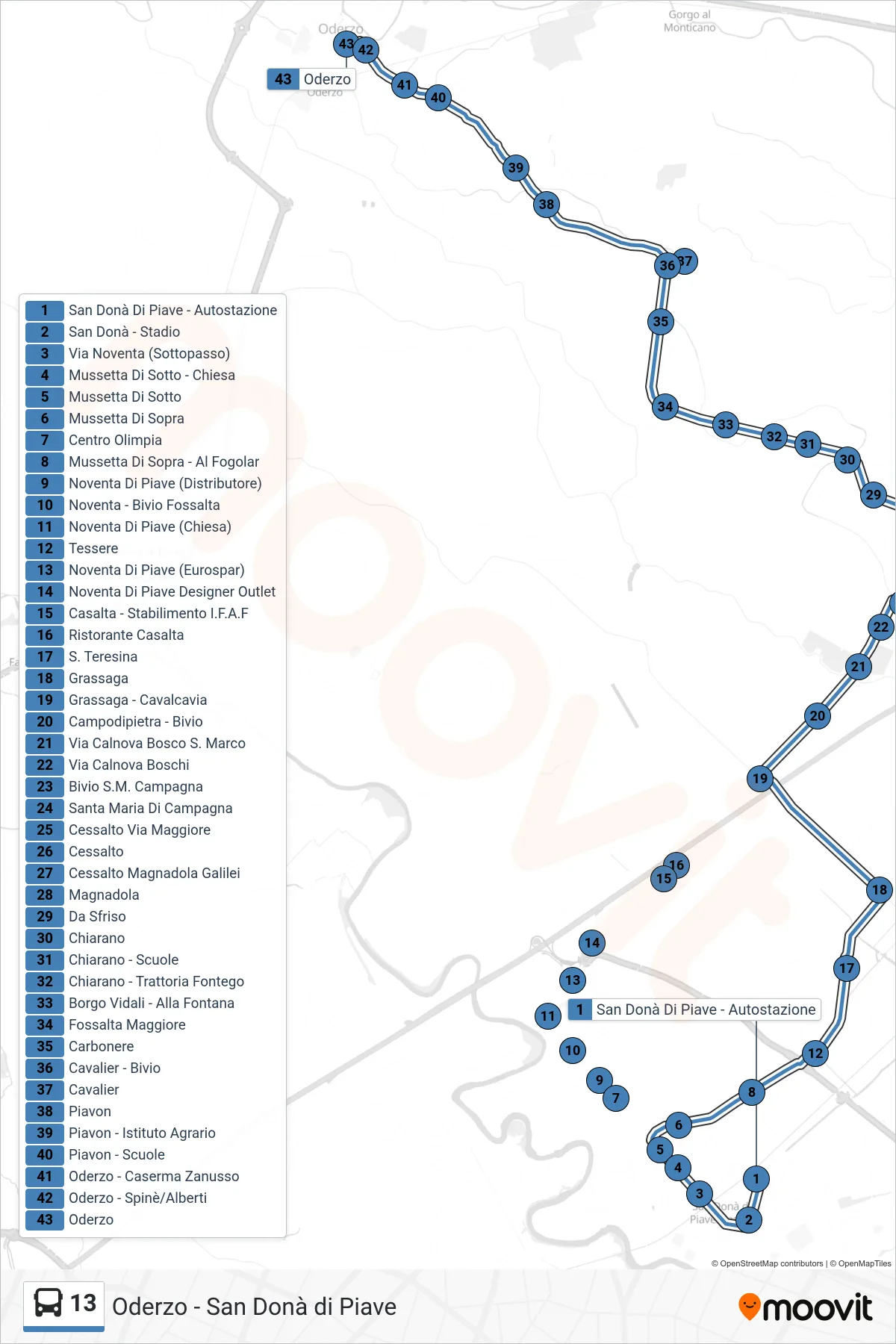 Linea 13 bus (Oderzo) - Percorsi e fermate sulla mappa
