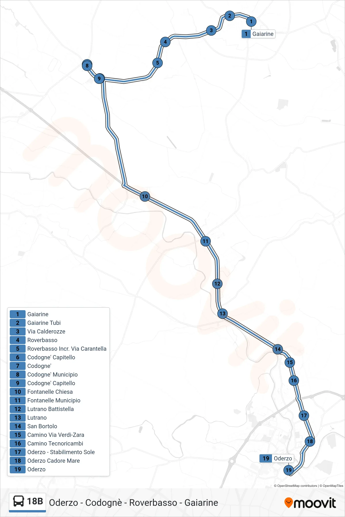 Linea 18B bus (Oderzo) - Percorsi e fermate sulla mappa