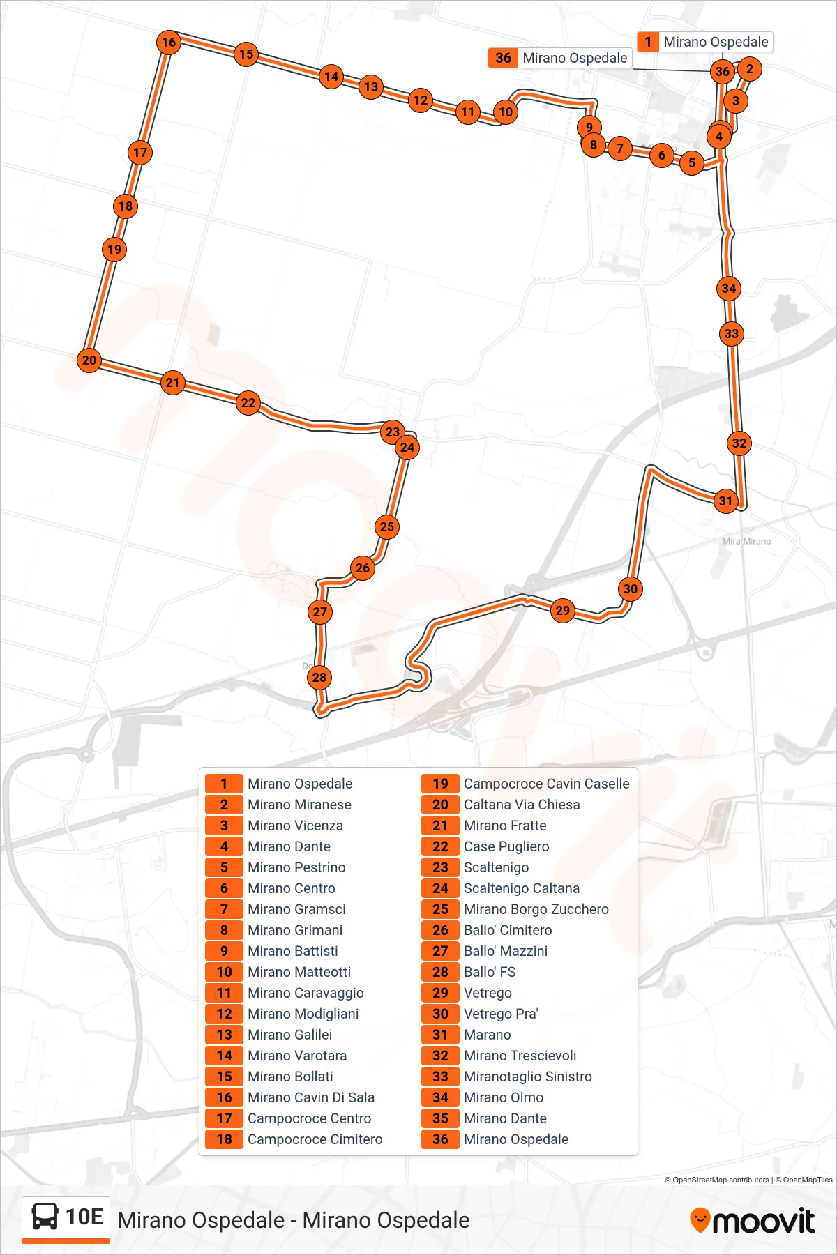 Linea 10E bus (Mirano Ospedale) - Percorsi e fermate sulla mappa