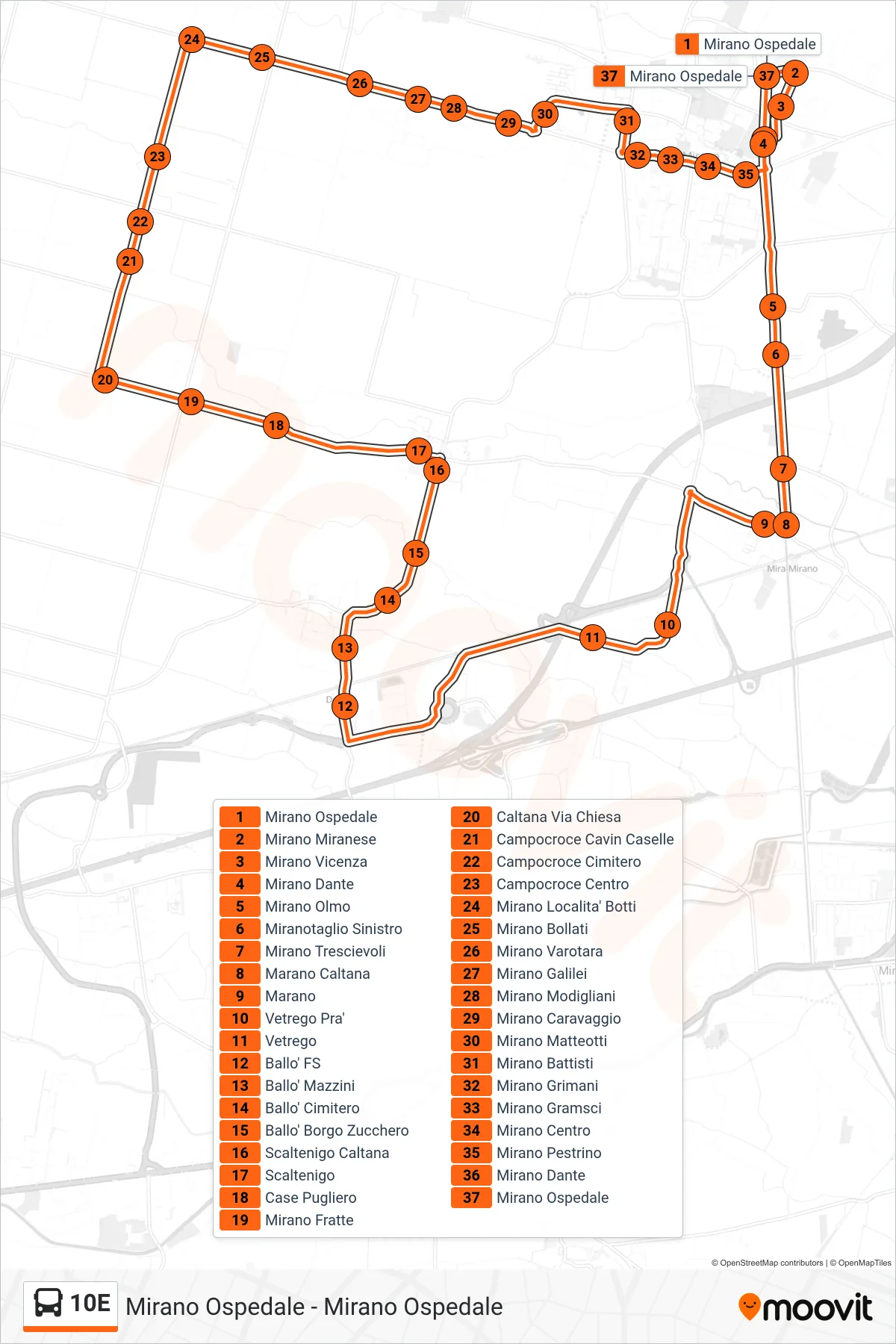 Linea 10E bus (Mirano Ospedale) - Percorsi e fermate sulla mappa