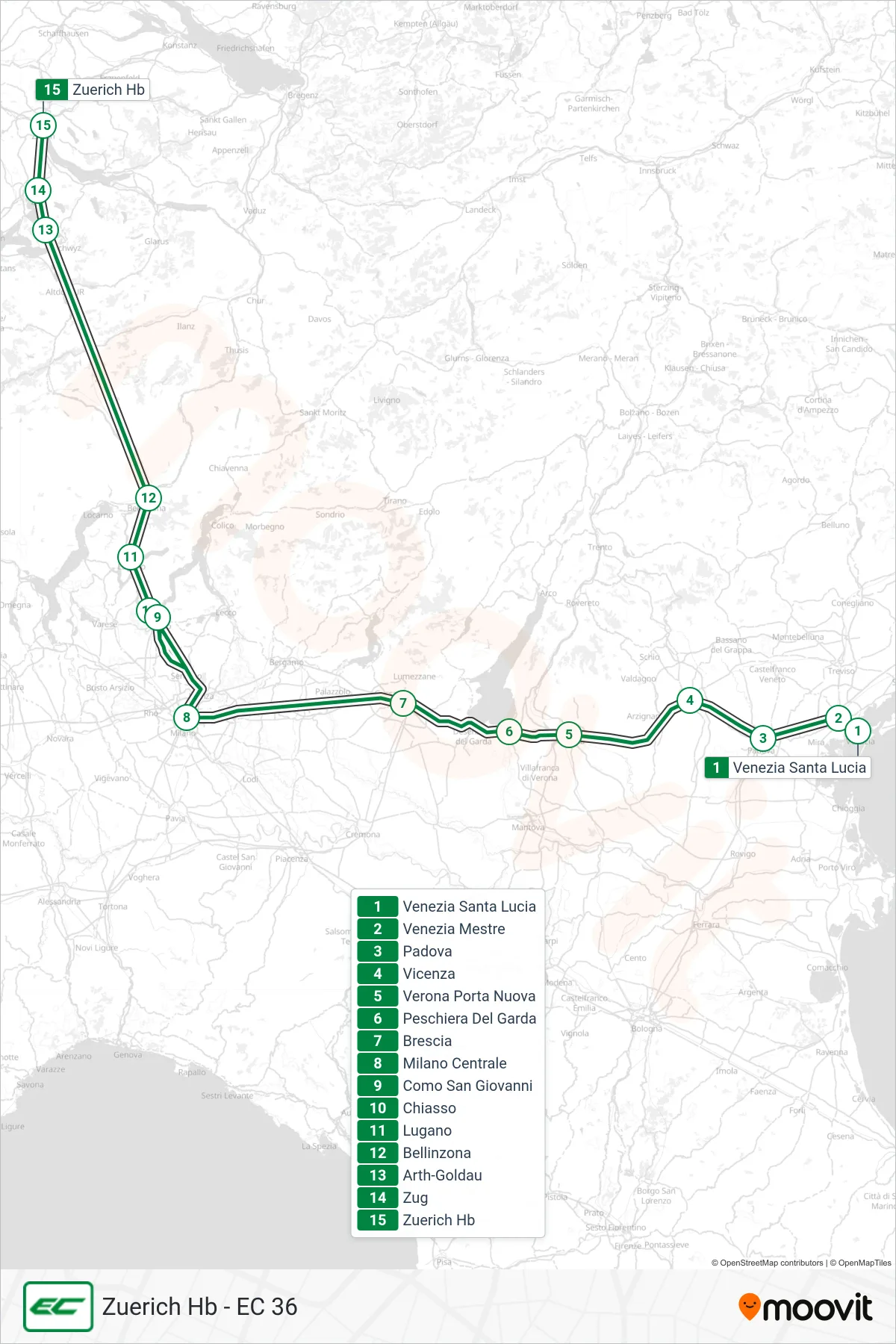 Linea EC treno (Zuerich Hb - EC 36) - Percorsi e fermate sulla mappa