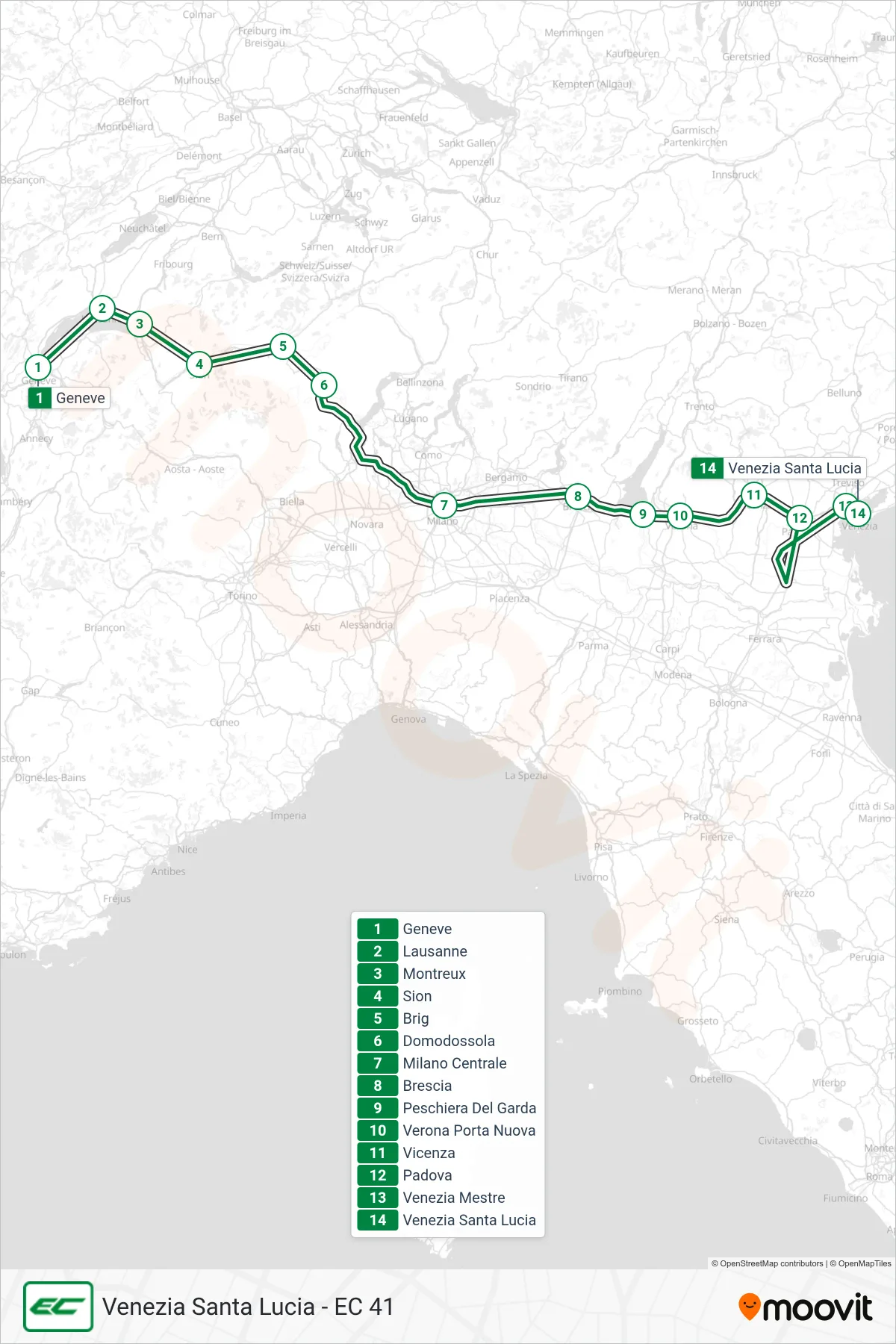 Linea EC treno (Venezia Santa Lucia - EC 41) - Percorsi e fermate sulla mappa