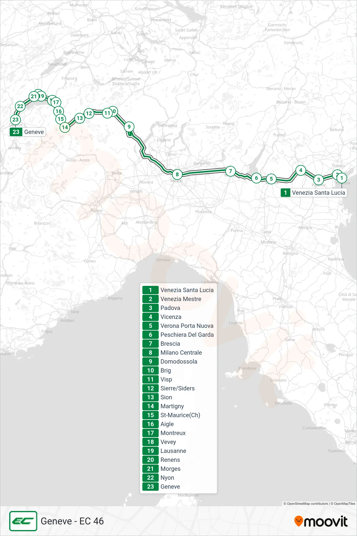 Linea EC treno (Geneve - EC 46) - Percorsi e fermate sulla mappa