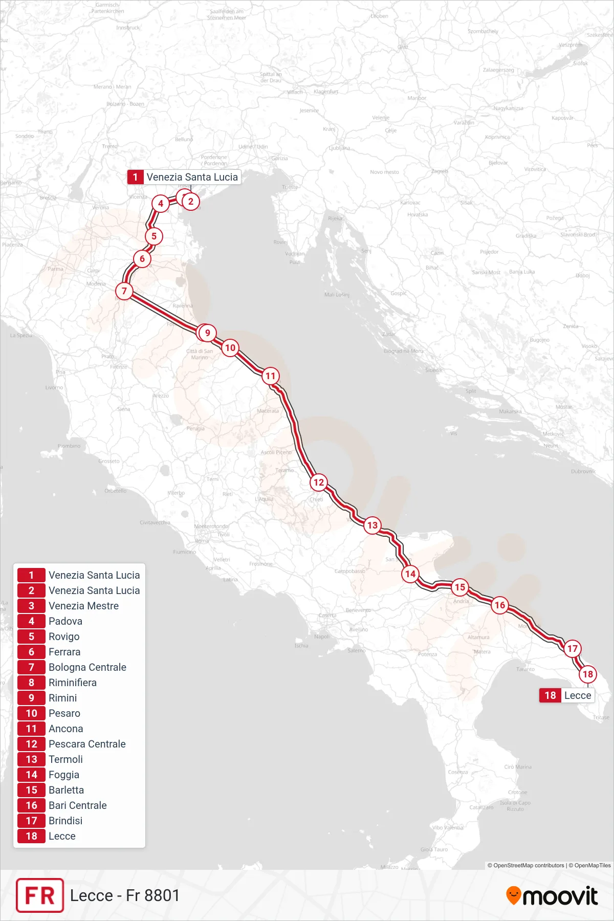 Linea FR  treno (Lecce - Fr 8801) - Percorsi e fermate sulla mappa