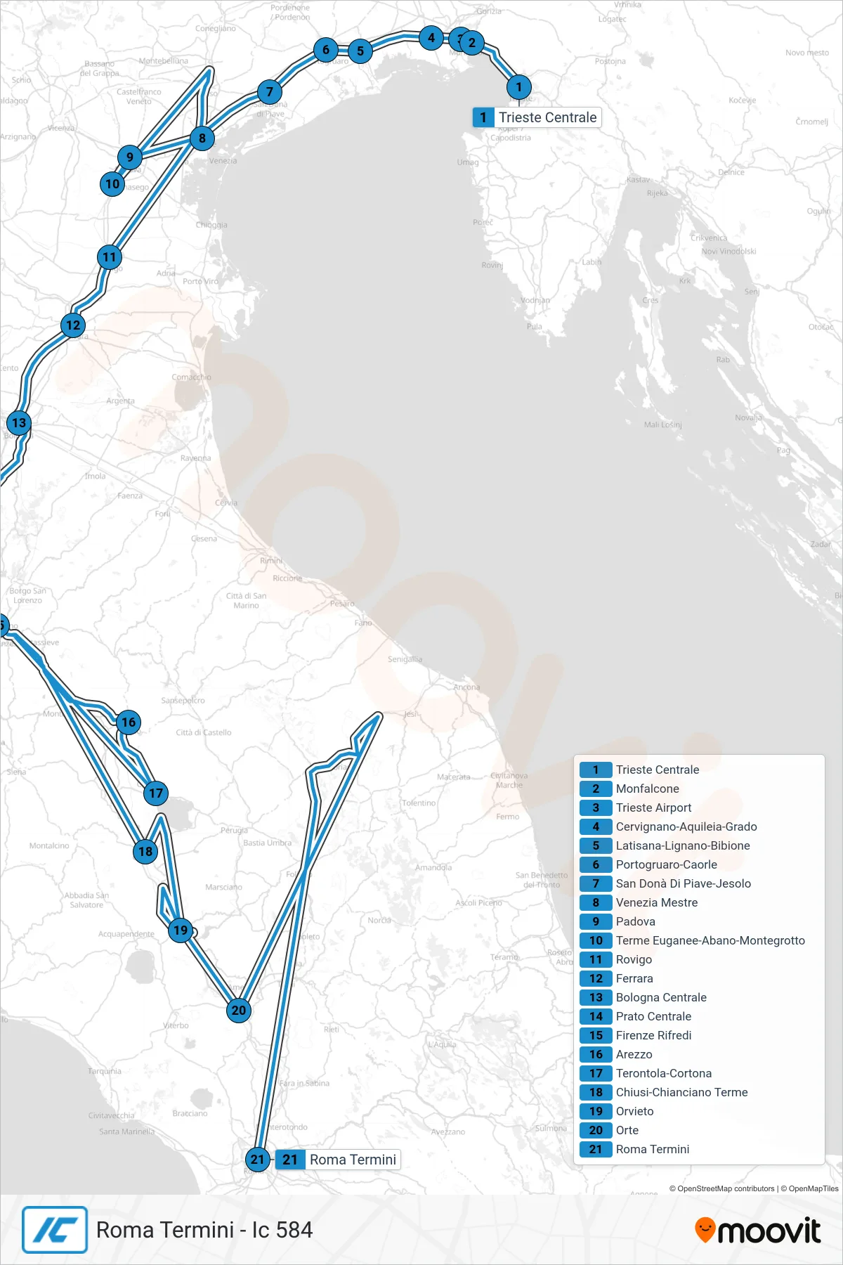 Linea IC treno (Roma Termini - Ic 584) - Percorsi e fermate sulla mappa