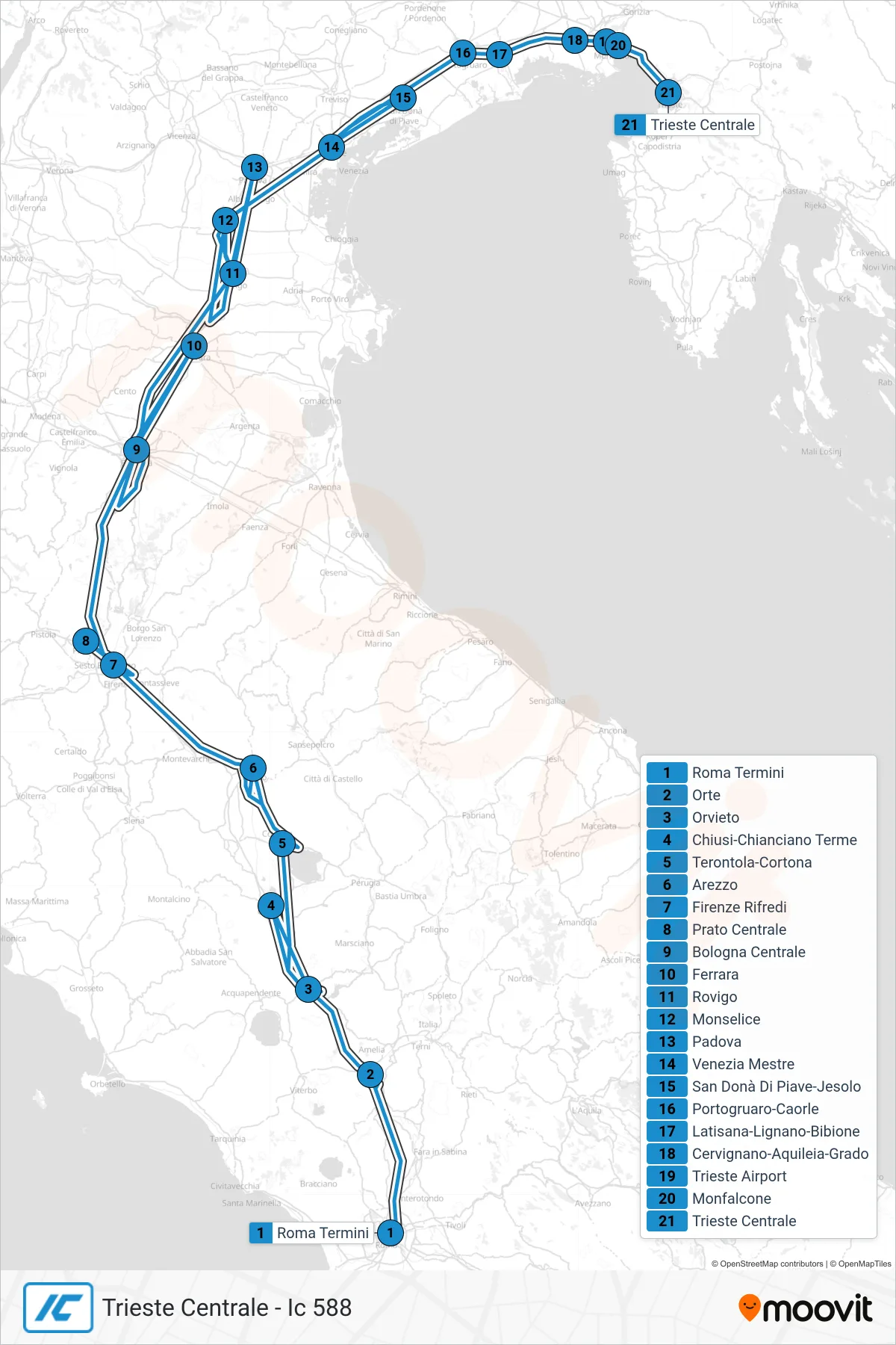 Linea IC treno (Trieste Centrale - Ic 588) - Percorsi e fermate sulla mappa
