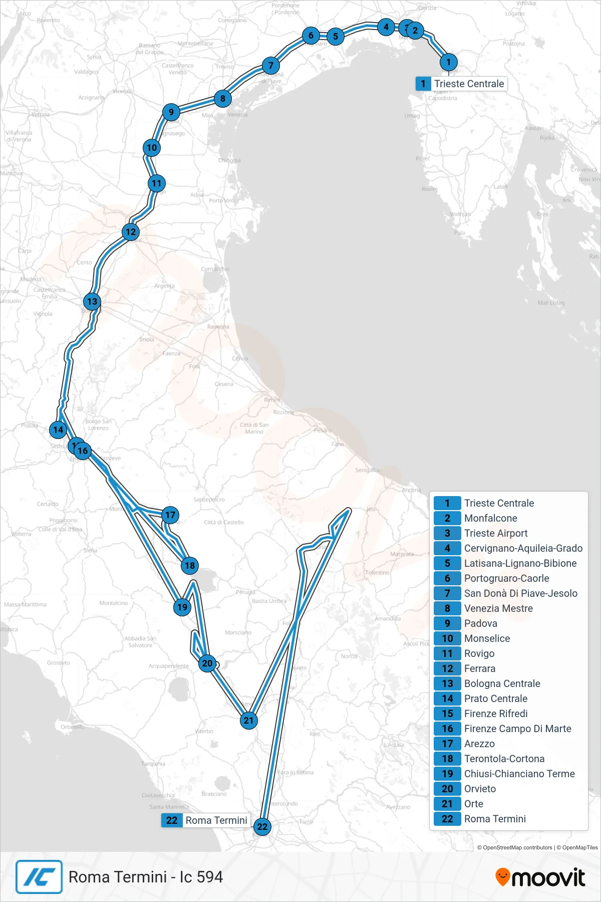 Linea IC  treno (Roma Termini - Ic 594) - Percorsi e fermate sulla mappa