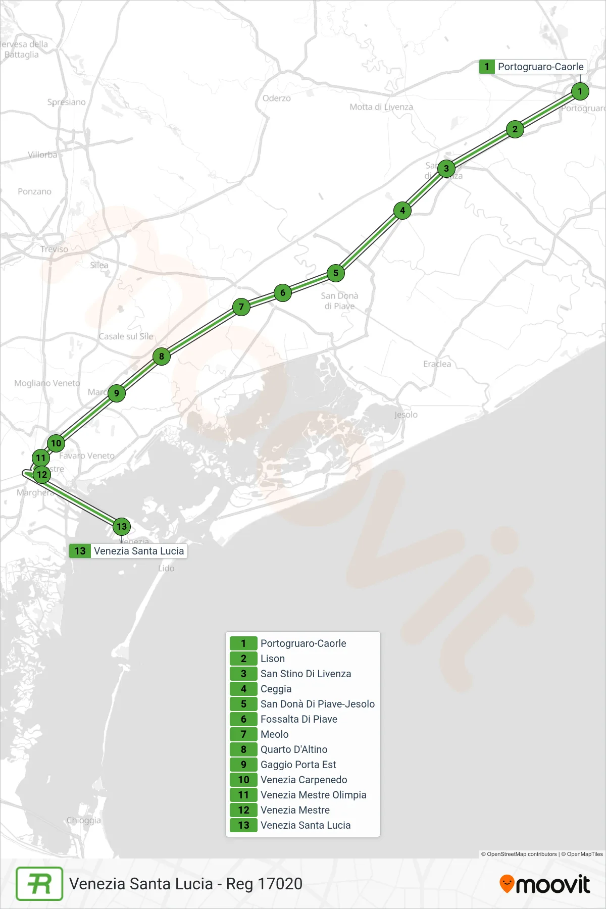 Linea REG treno (Venezia Santa Lucia - Reg 17020) - Percorsi e fermate sulla mappa