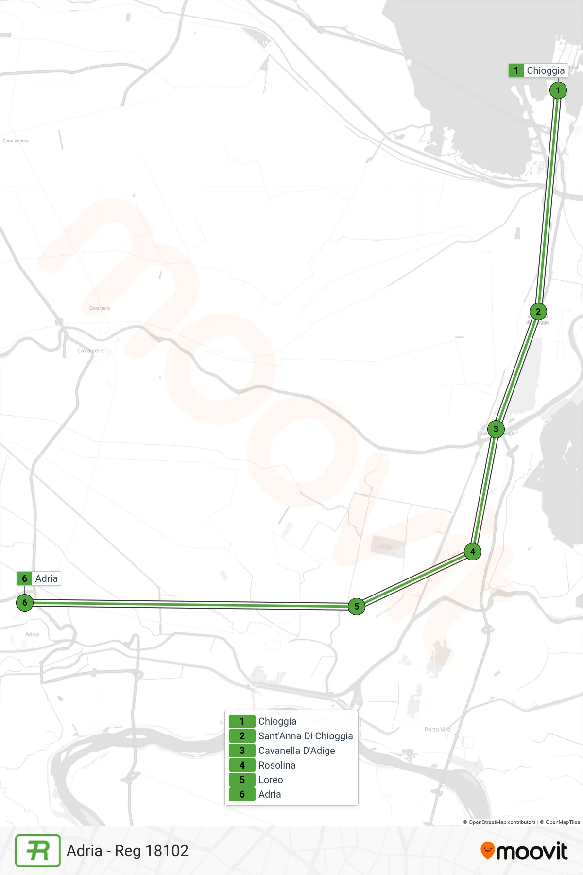Linea REG treno (Adria - Reg 18102) - Percorsi e fermate sulla mappa