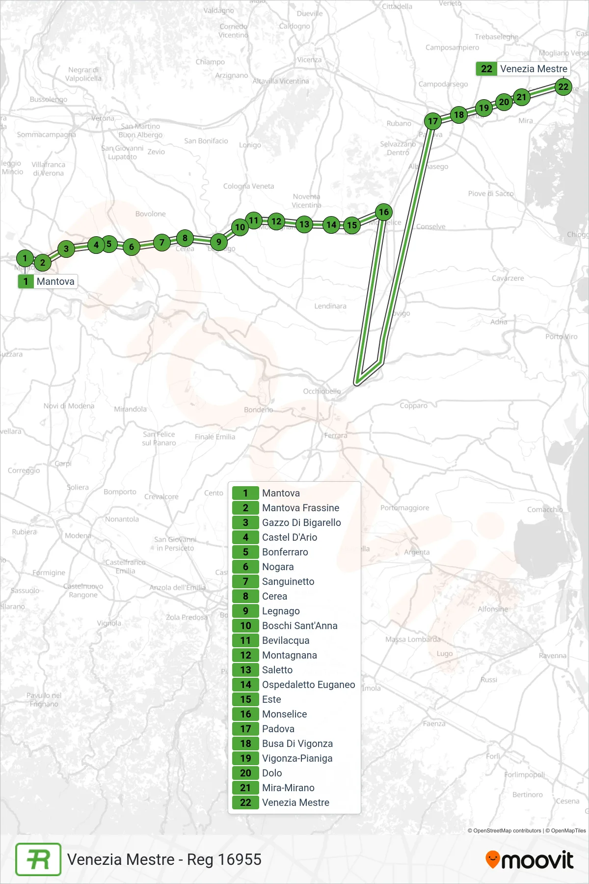 Linea REG treno (Venezia Mestre - Reg 16955) - Percorsi e fermate sulla mappa
