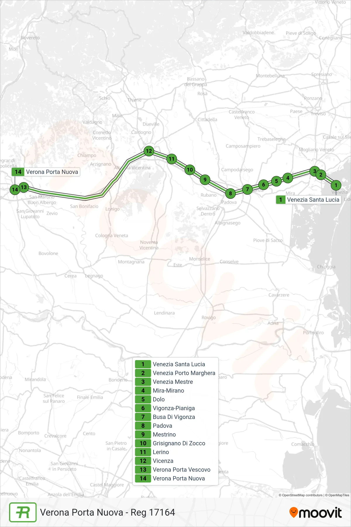 Linea REG treno (Verona Porta Nuova - Reg 17164) - Percorsi e fermate sulla mappa