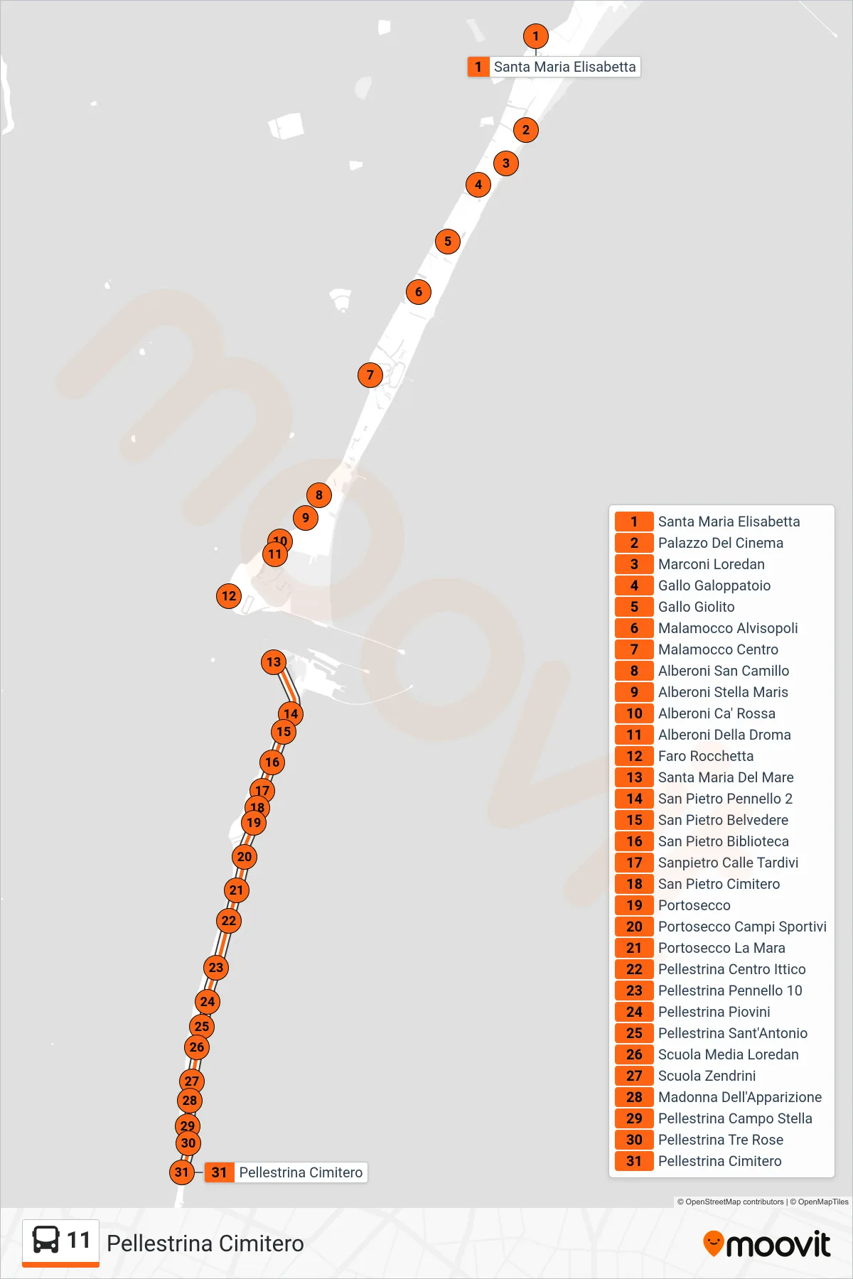 Linea 11 bus (Pellestrina Cimitero) - Percorsi e fermate sulla mappa