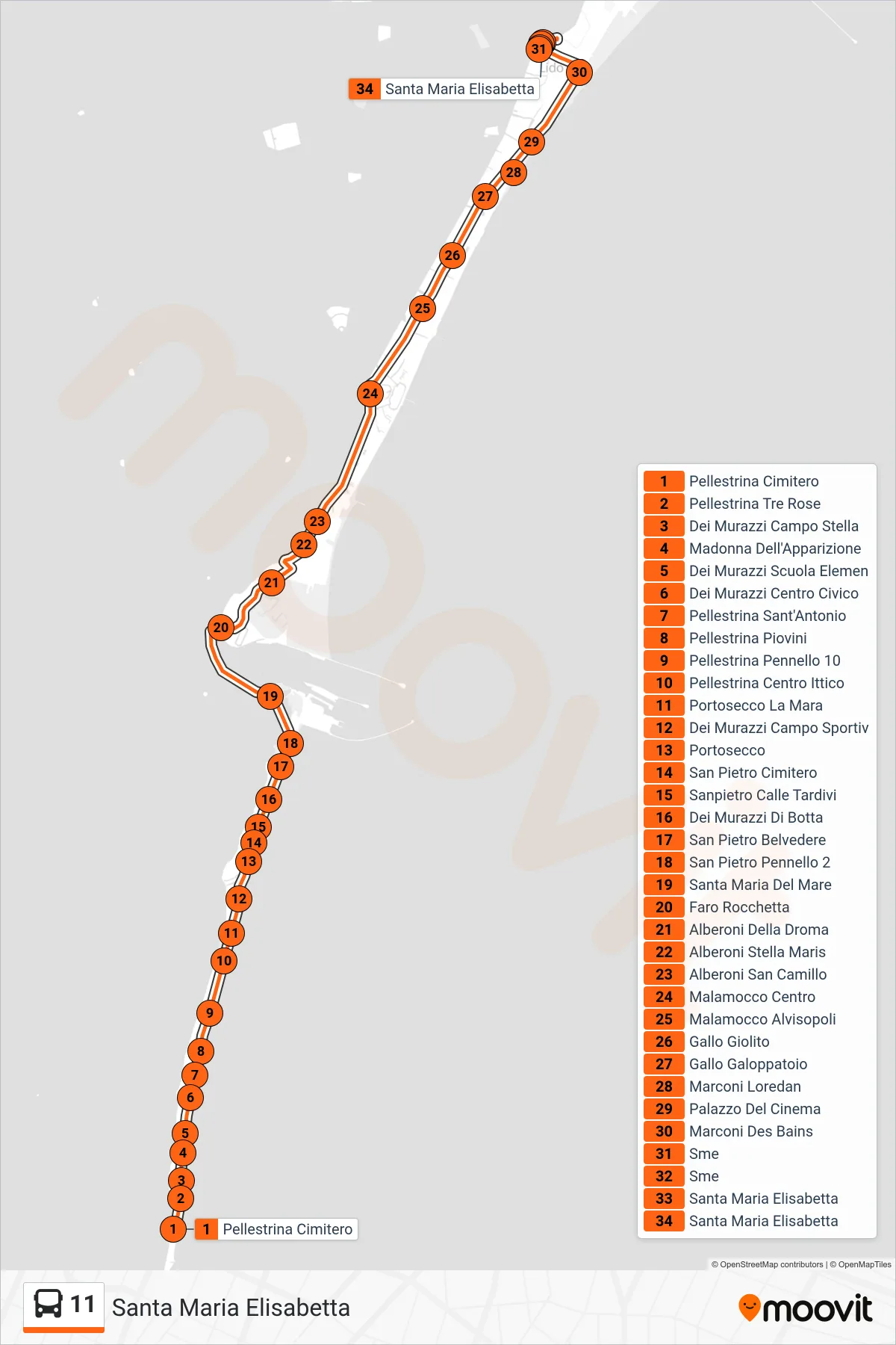 Linea 11  bus (Santa Maria Elisabetta) - Percorsi e fermate sulla mappa