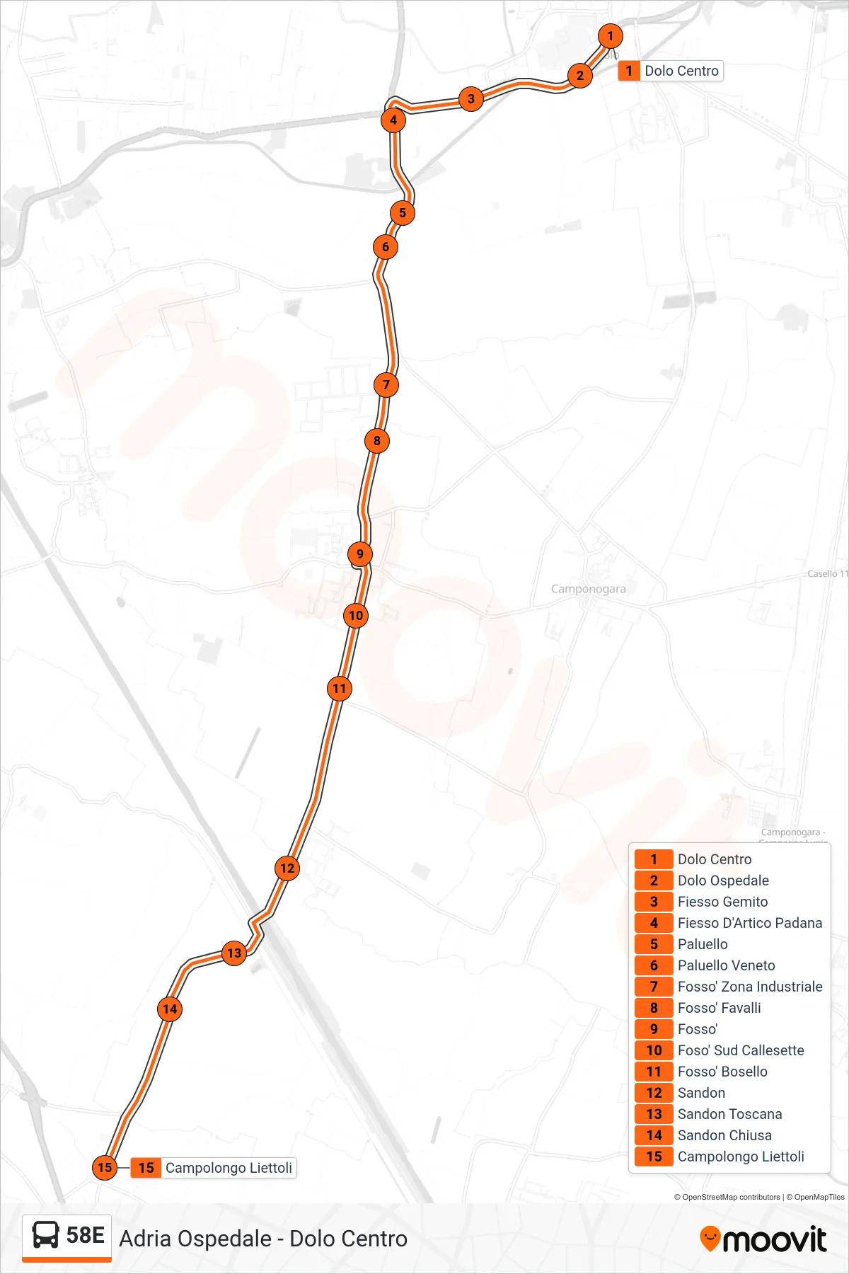 Linea 58E bus (Campolongo Liettoli) - Percorsi e fermate sulla mappa