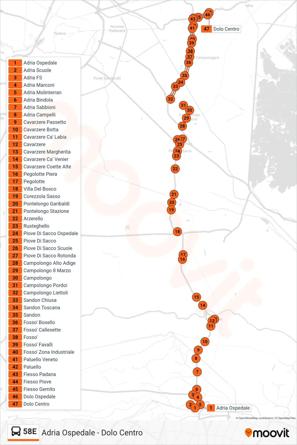 Linea 58E  bus (Dolo Centro) - Percorsi e fermate sulla mappa