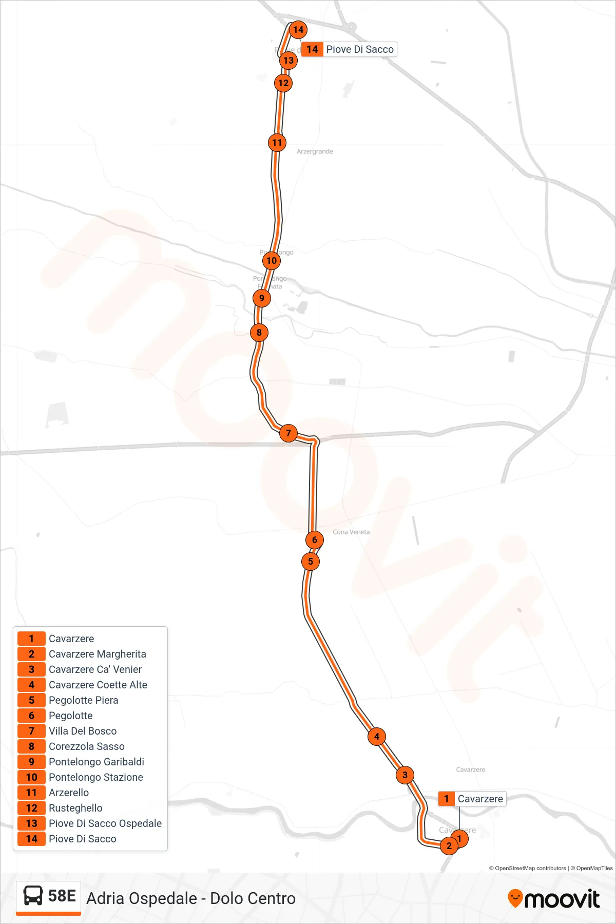 Linea 58E  bus (Piove Di Sacco) - Percorsi e fermate sulla mappa