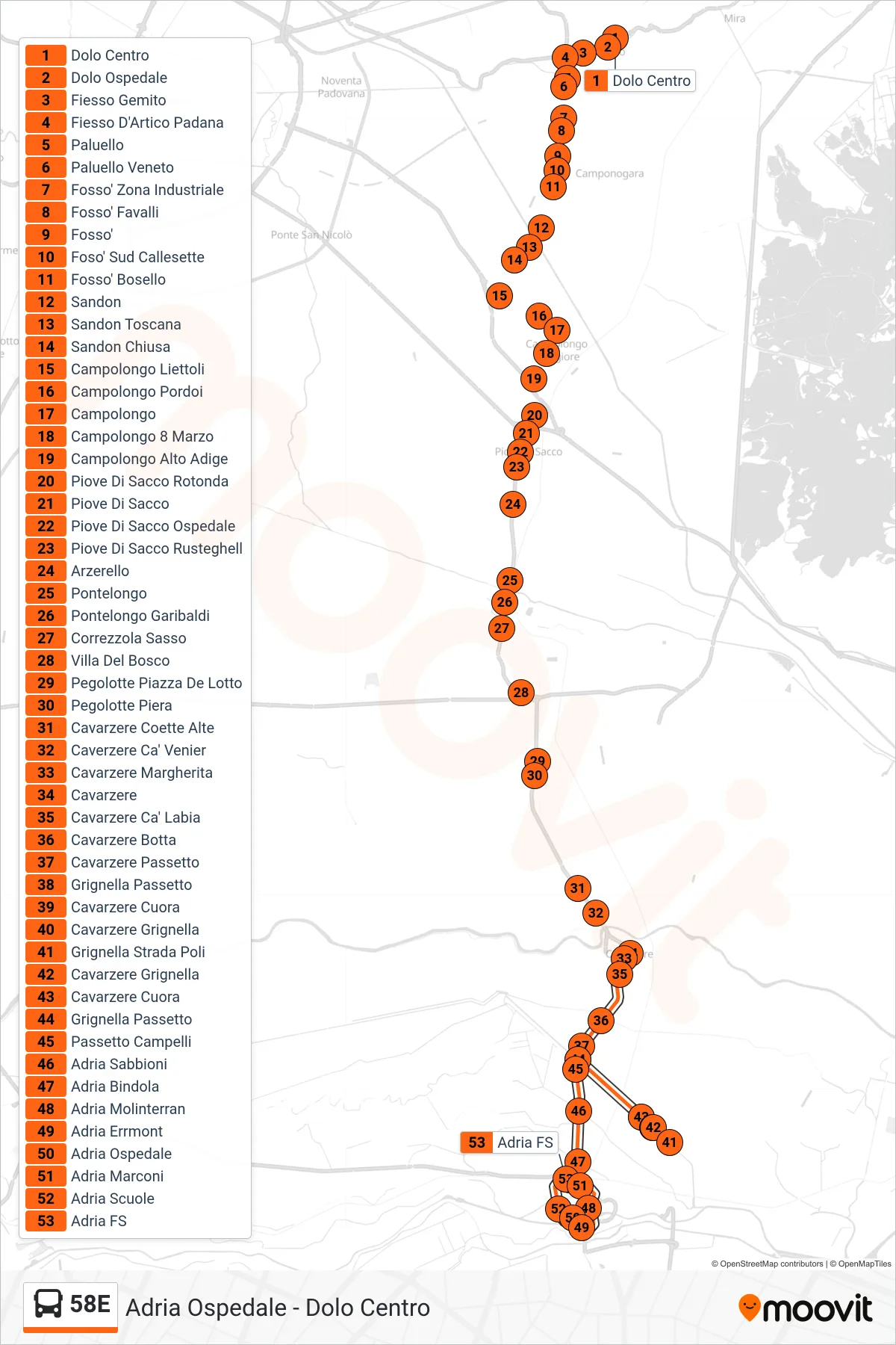 Linea 58E  bus (Adria FS) - Percorsi e fermate sulla mappa