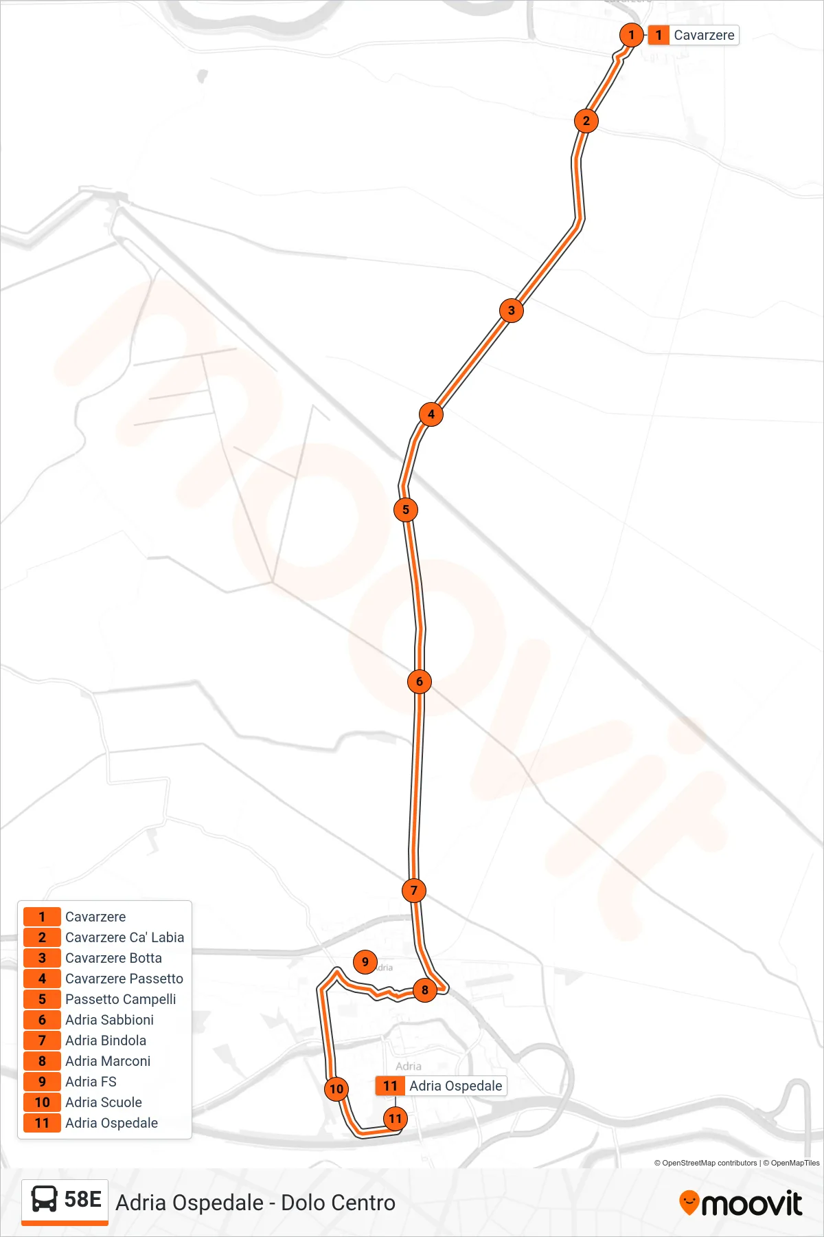 Linea 58E  bus (Adria Ospedale) - Percorsi e fermate sulla mappa