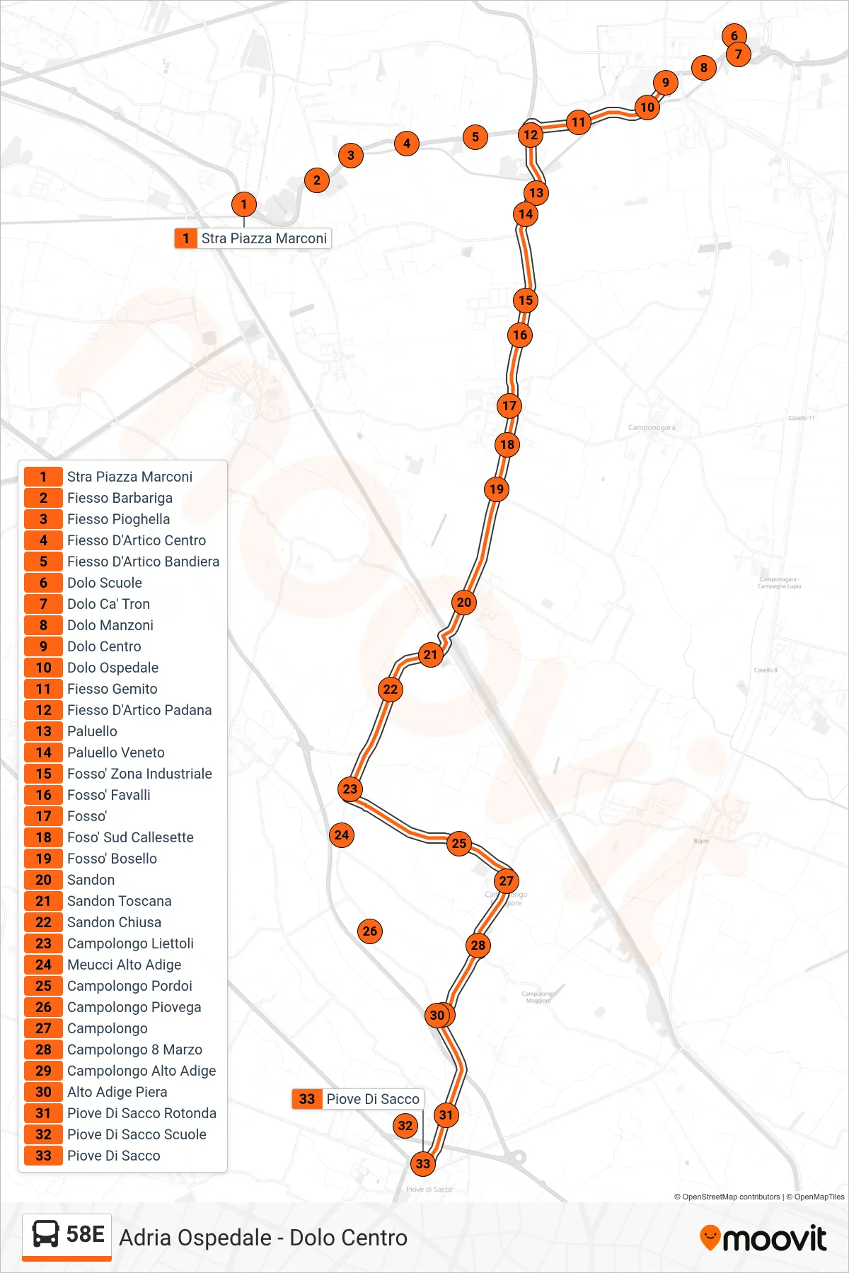 Linea 58E  bus (Piove Di Sacco) - Percorsi e fermate sulla mappa