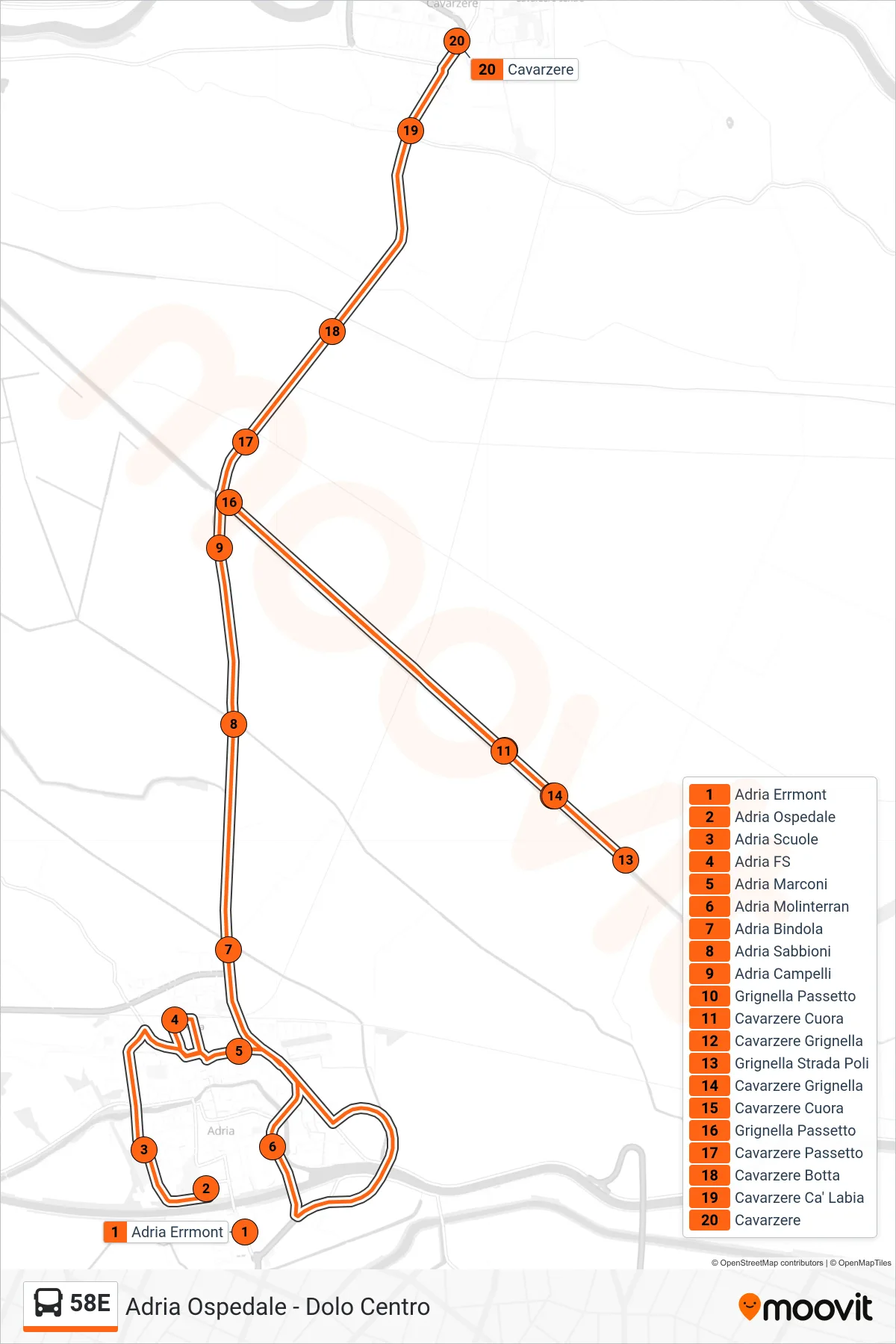 Linea 58E bus (Cavarzere) - Percorsi e fermate sulla mappa