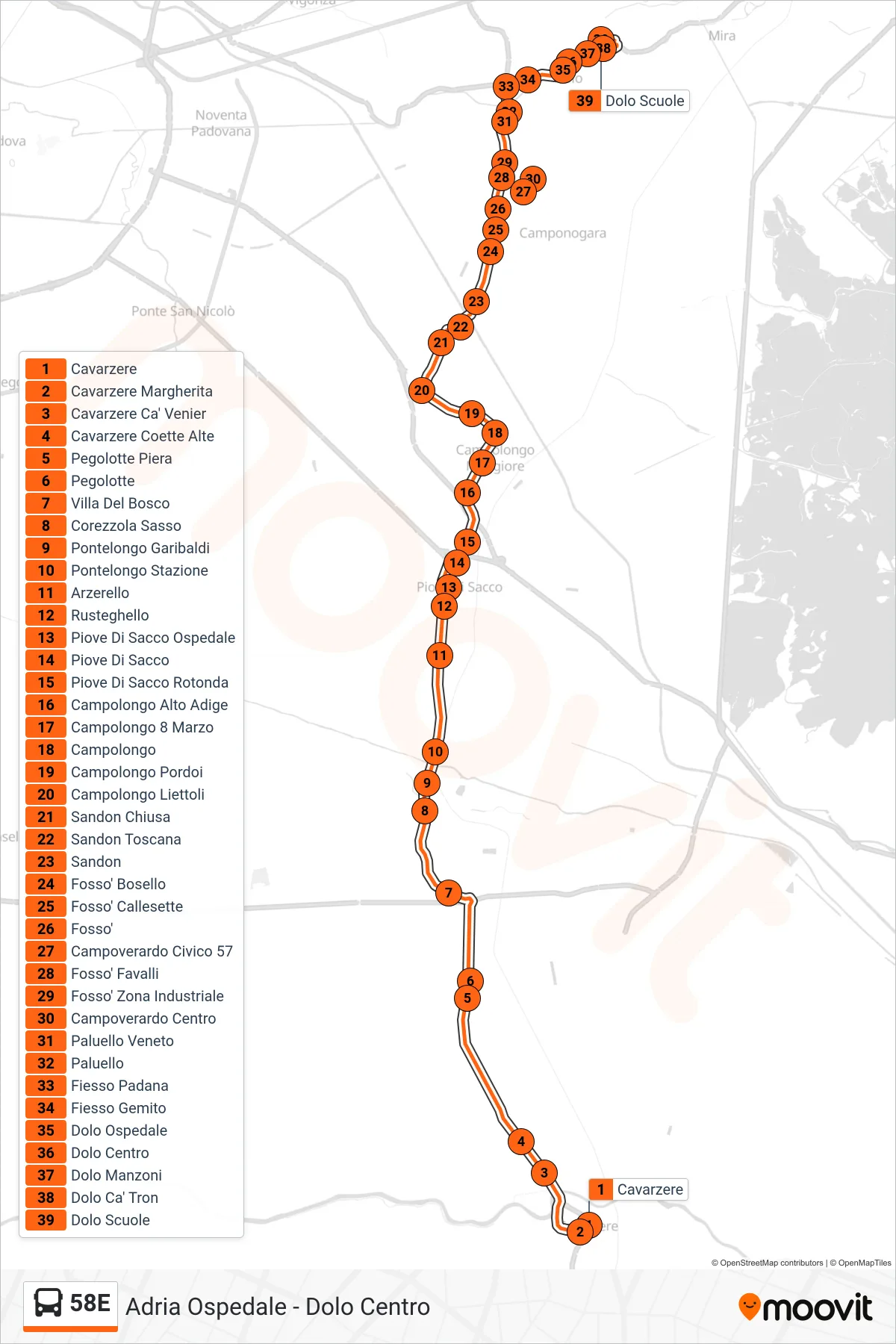 Linea 58E bus (Dolo Scuole) - Percorsi e fermate sulla mappa