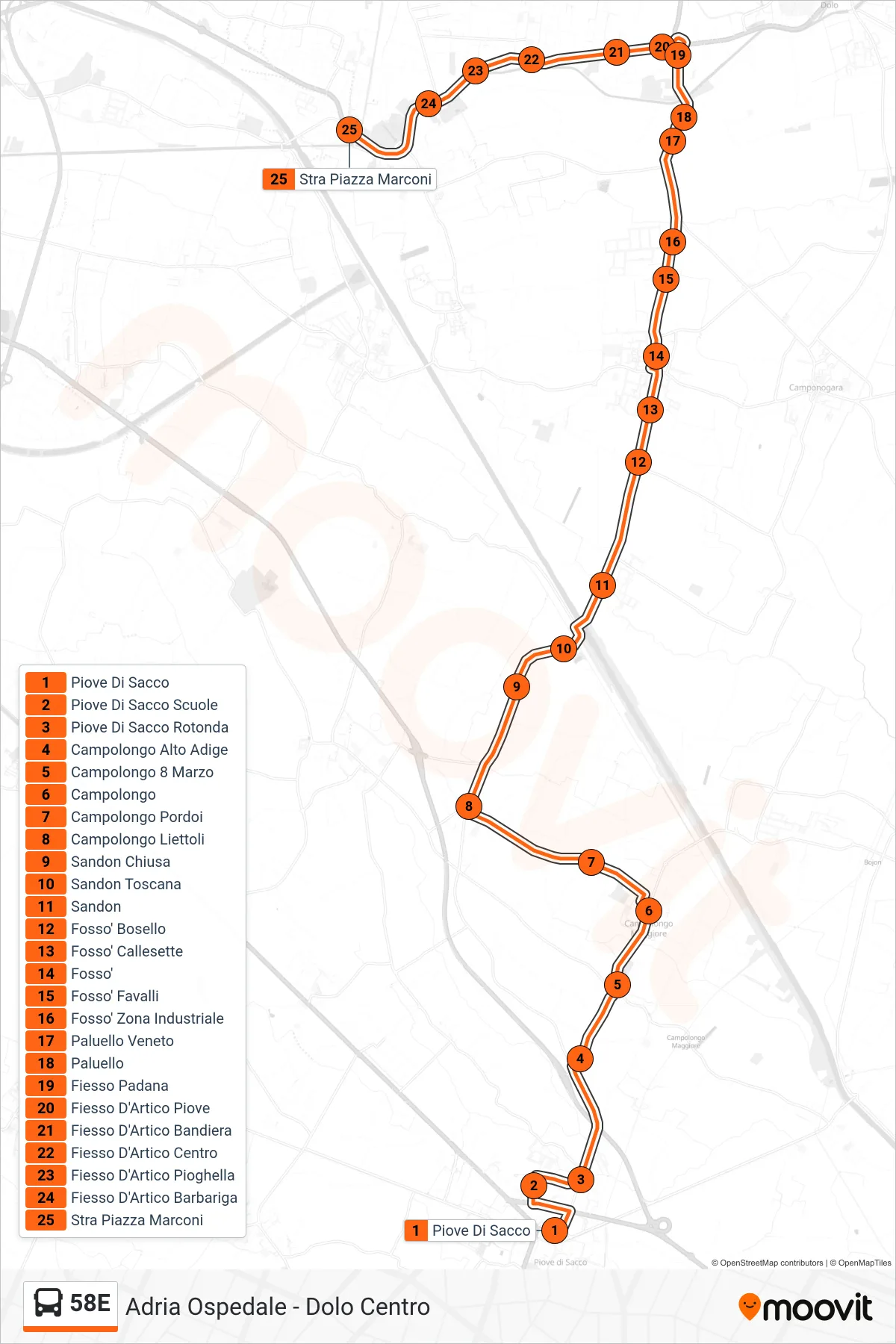 Linea 58E bus (Stra Piazza Marconi) - Percorsi e fermate sulla mappa