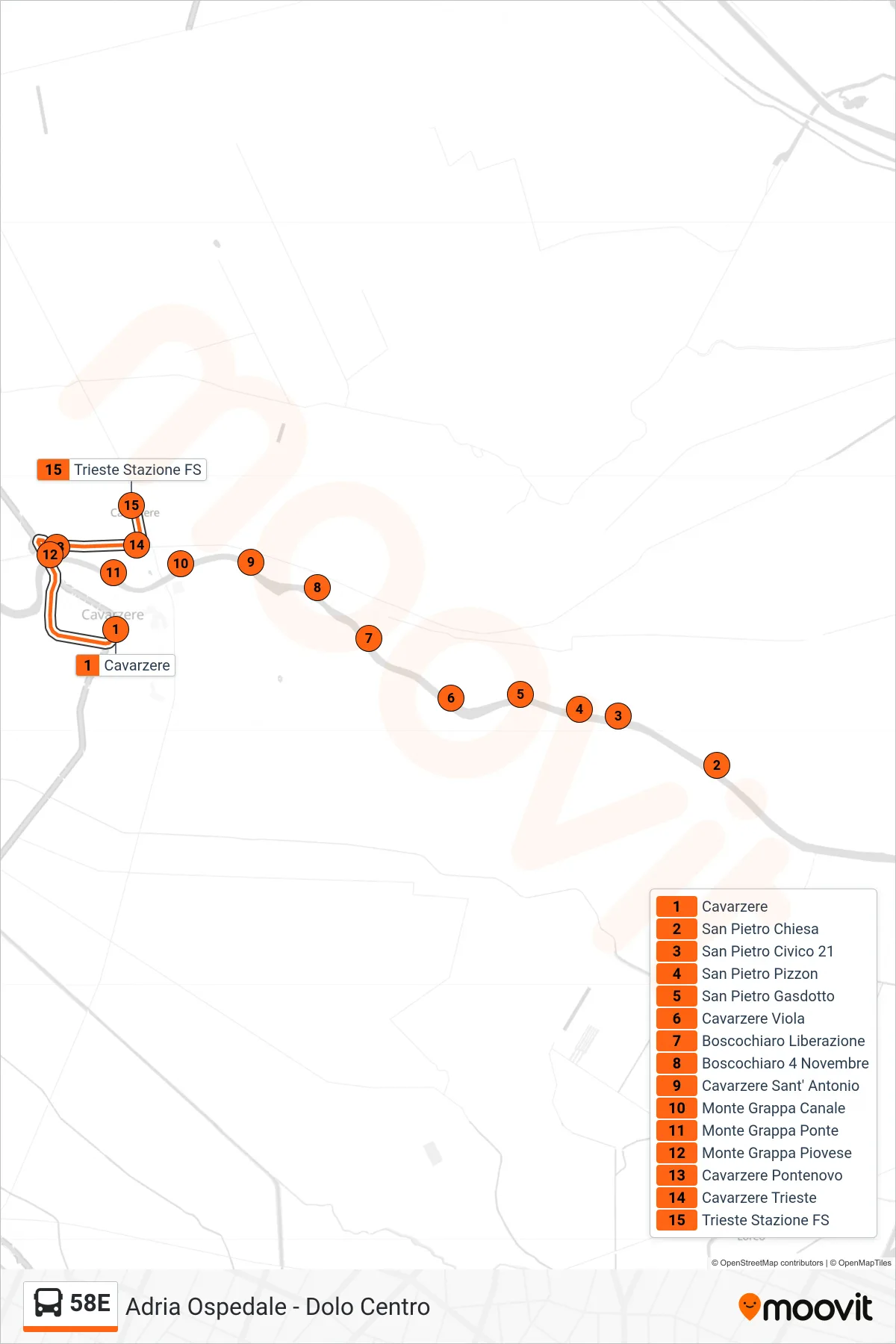 Linea 58E bus (Trieste Stazione FS) - Percorsi e fermate sulla mappa
