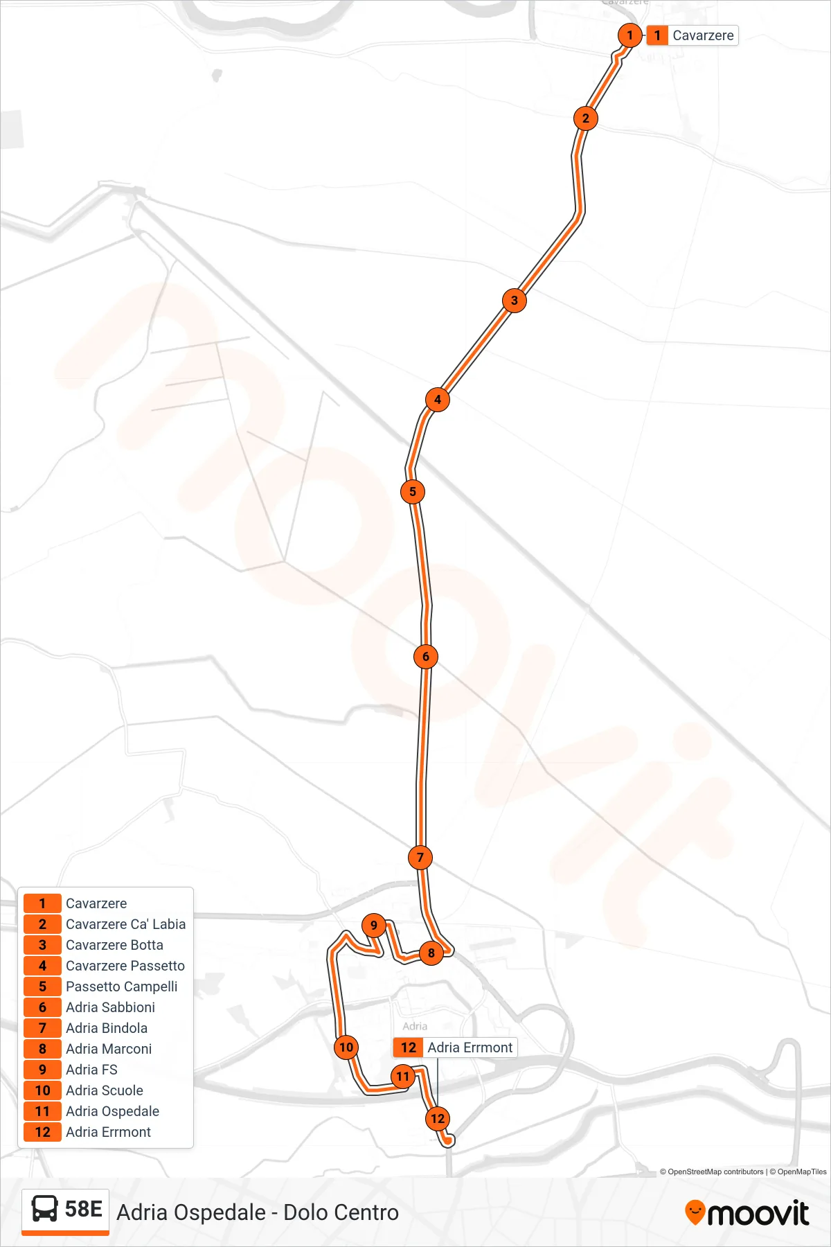 Linea 58E  bus (Adria Errmont) - Percorsi e fermate sulla mappa