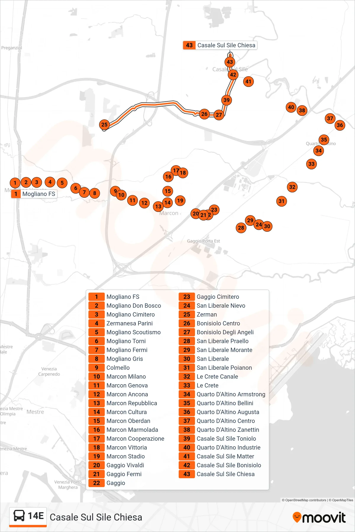 Linea 14E  bus (Casale Sul Sile Chiesa) - Percorsi e fermate sulla mappa
