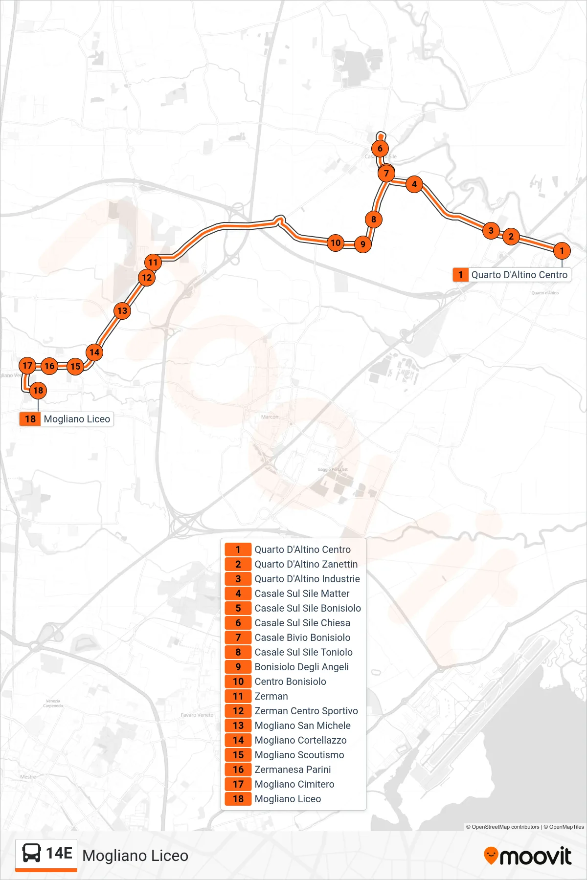 Linea 14E bus (Mogliano Liceo) - Percorsi e fermate sulla mappa
