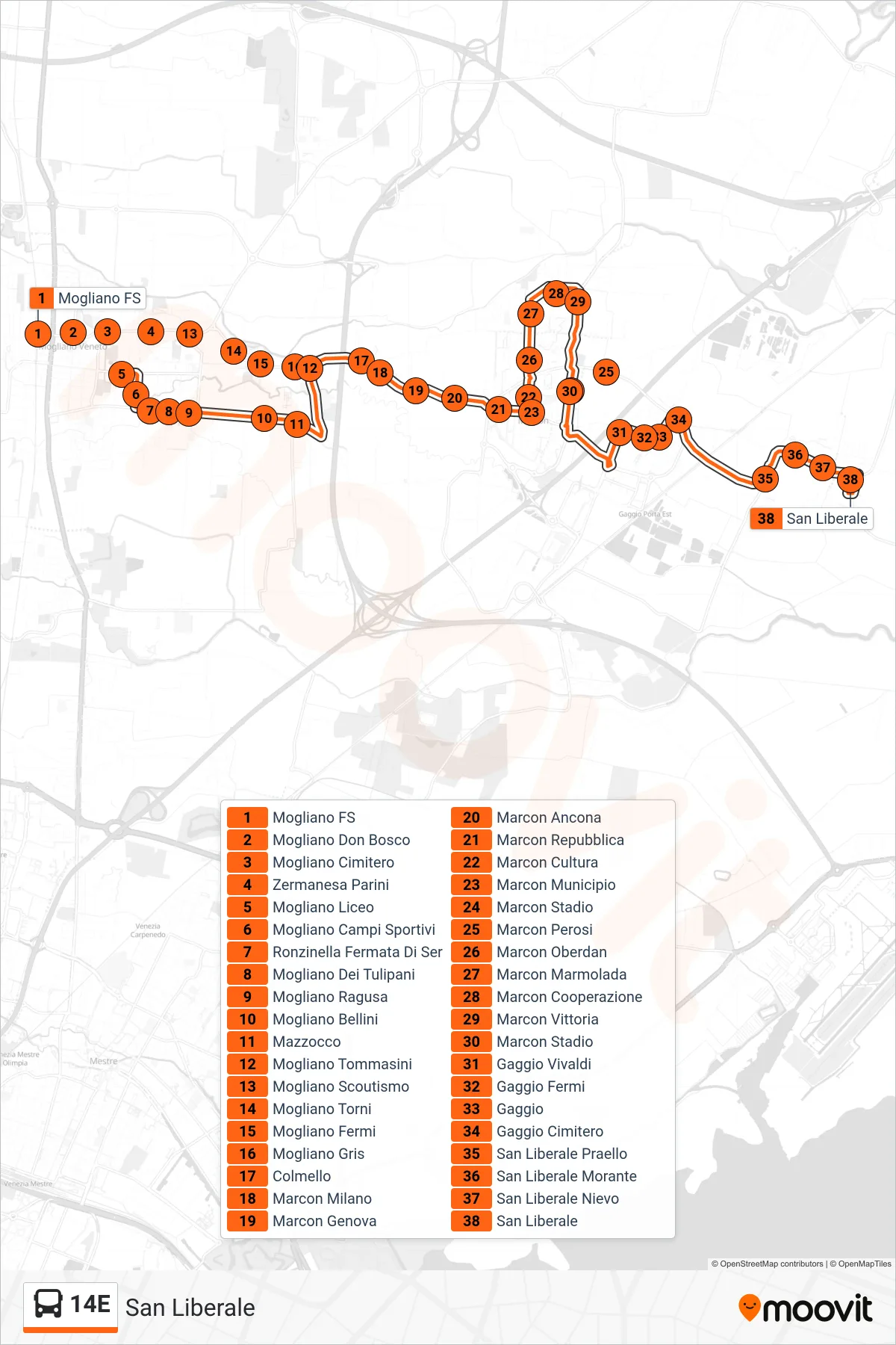 Linea 14E bus (San Liberale) - Percorsi e fermate sulla mappa