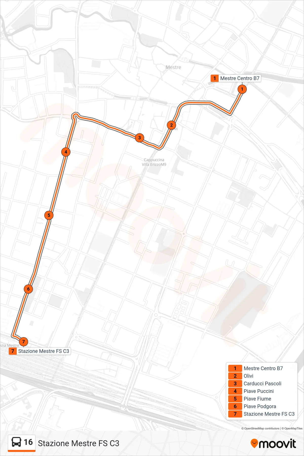 Linea 16  bus (Stazione Mestre FS C3) - Percorsi e fermate sulla mappa