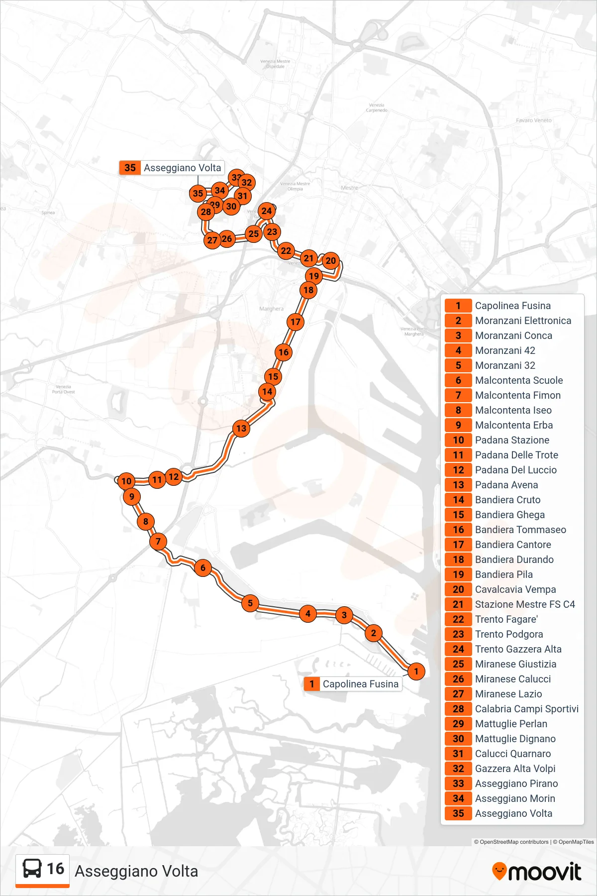 Linea 16 bus (Asseggiano Volta) - Percorsi e fermate sulla mappa