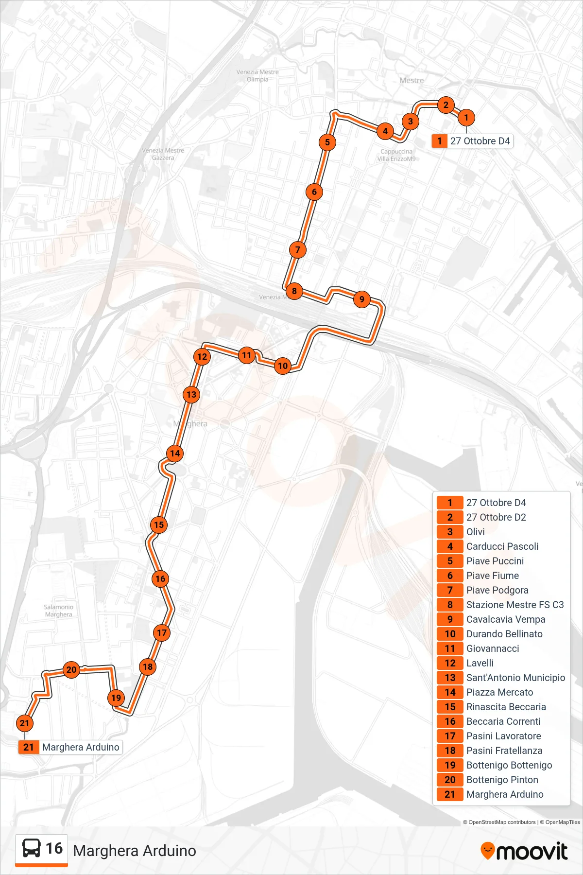Linea 16 bus (Marghera Arduino) - Percorsi e fermate sulla mappa