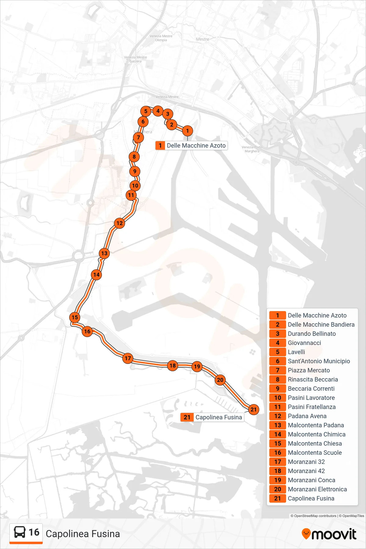 Linea 16 bus (Capolinea Fusina) - Percorsi e fermate sulla mappa