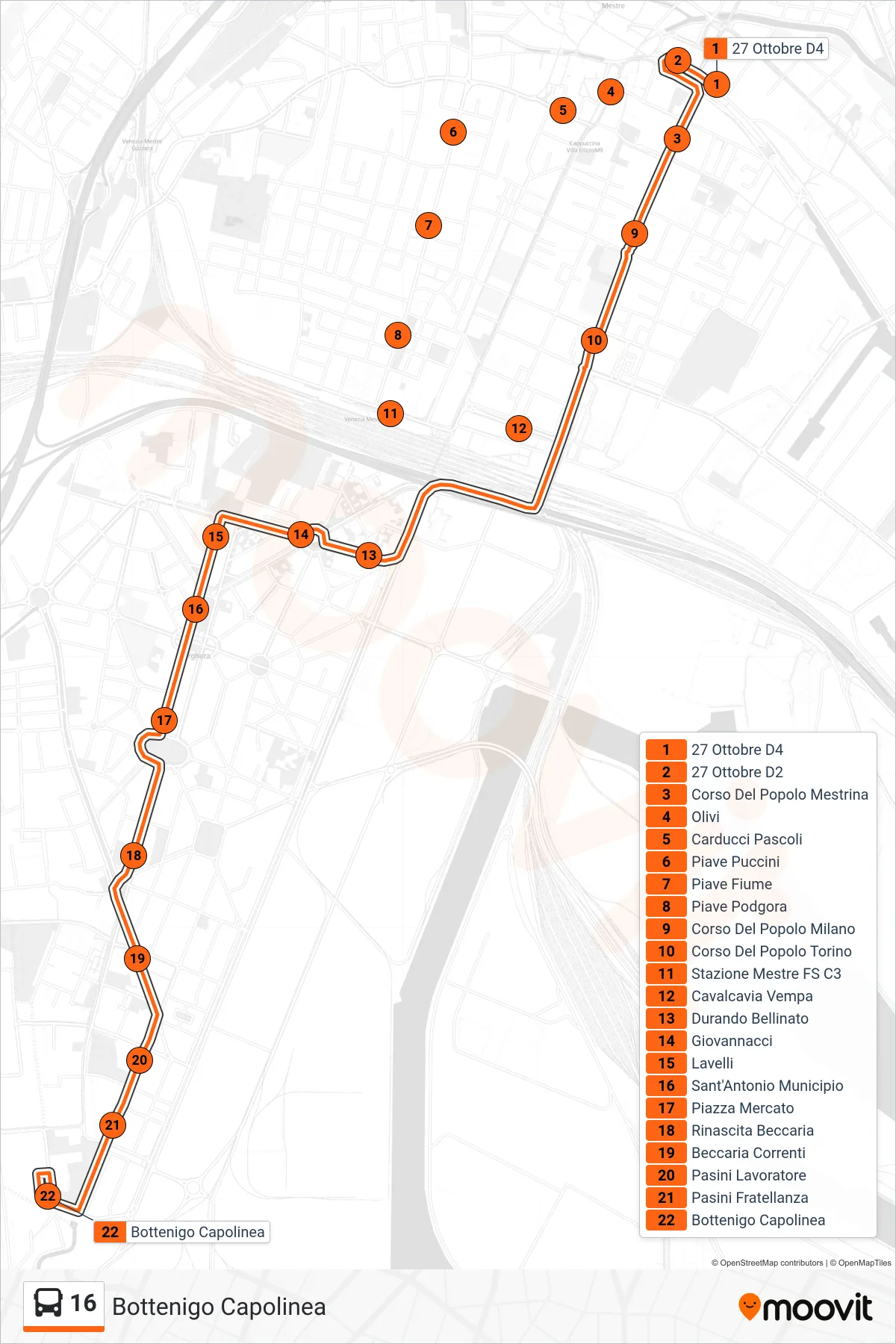 Linea 16 bus (Bottenigo Capolinea) - Percorsi e fermate sulla mappa