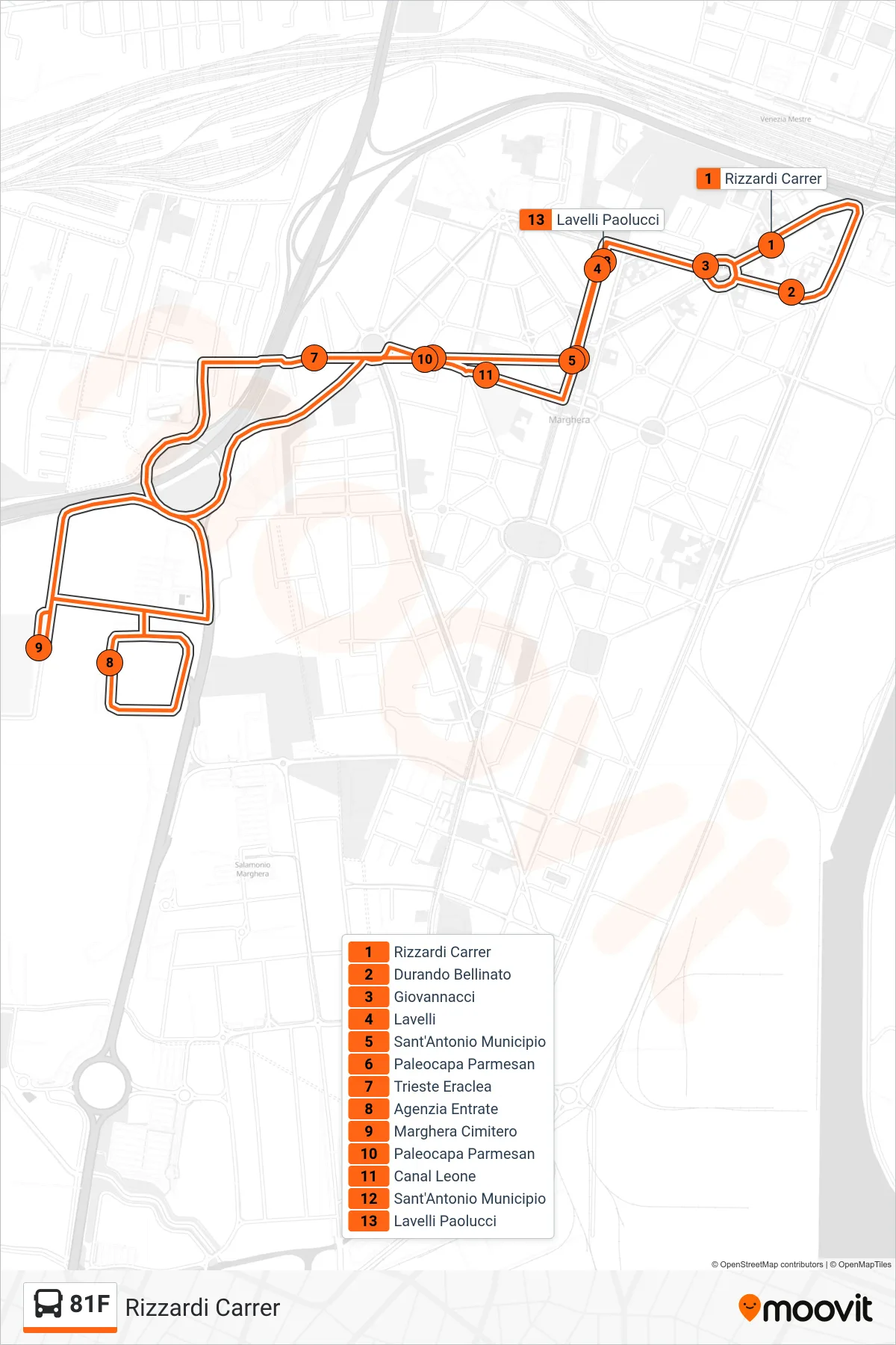 Linea 81F  bus (Rizzardi Carrer) - Percorsi e fermate sulla mappa