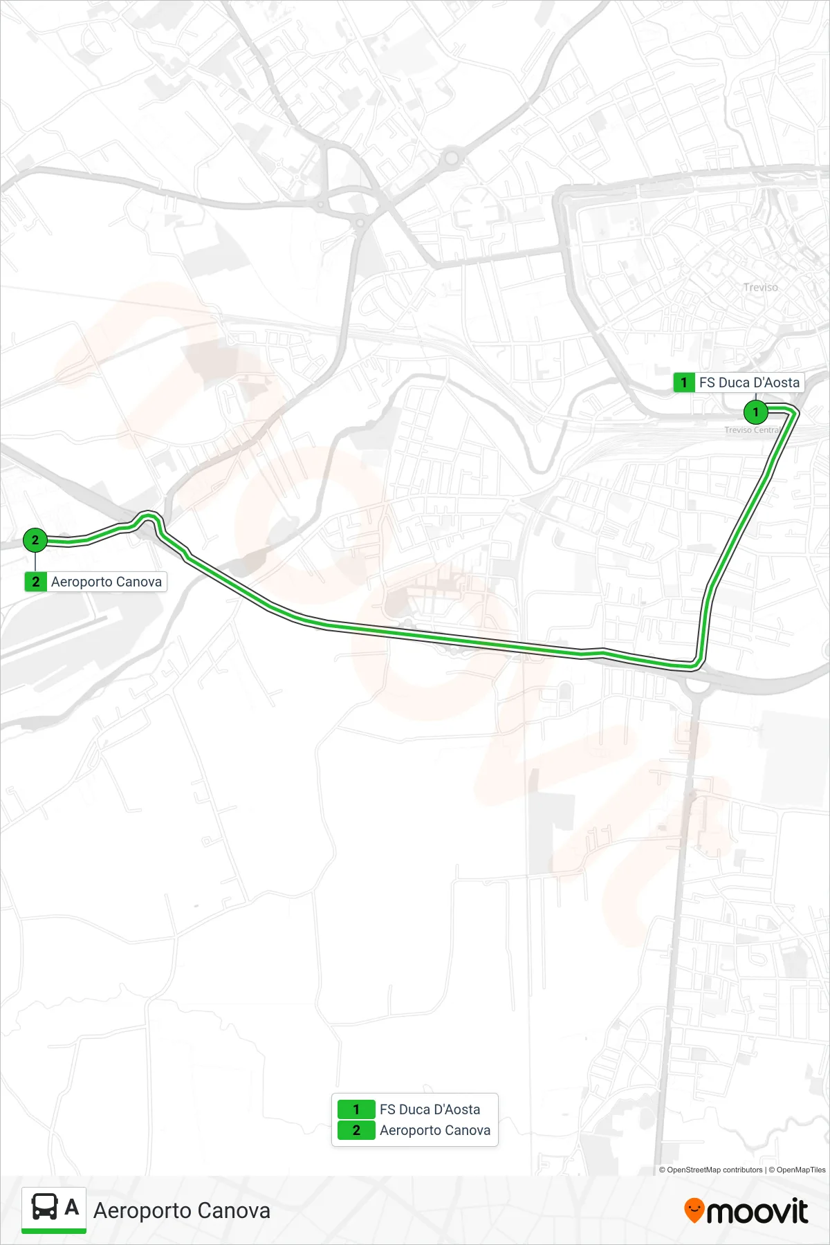 Linea A bus (Aeroporto Canova) - Percorsi e fermate sulla mappa