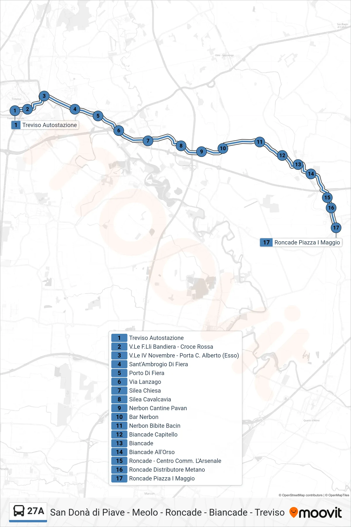 Linea 27A  bus (Roncade) - Percorsi e fermate sulla mappa