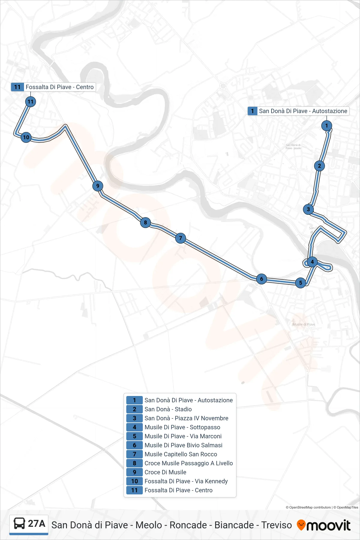 Linea 27A bus (Fossalta di Piave) - Percorsi e fermate sulla mappa