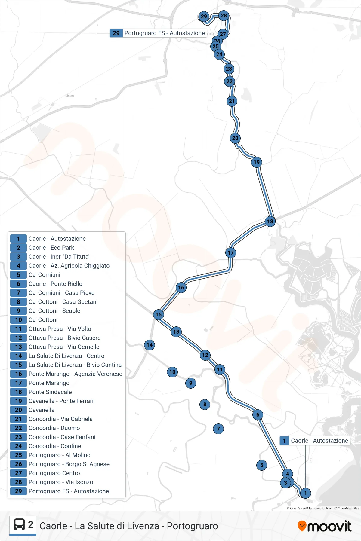 Linea 2 bus (Portogruaro) - Percorsi e fermate sulla mappa