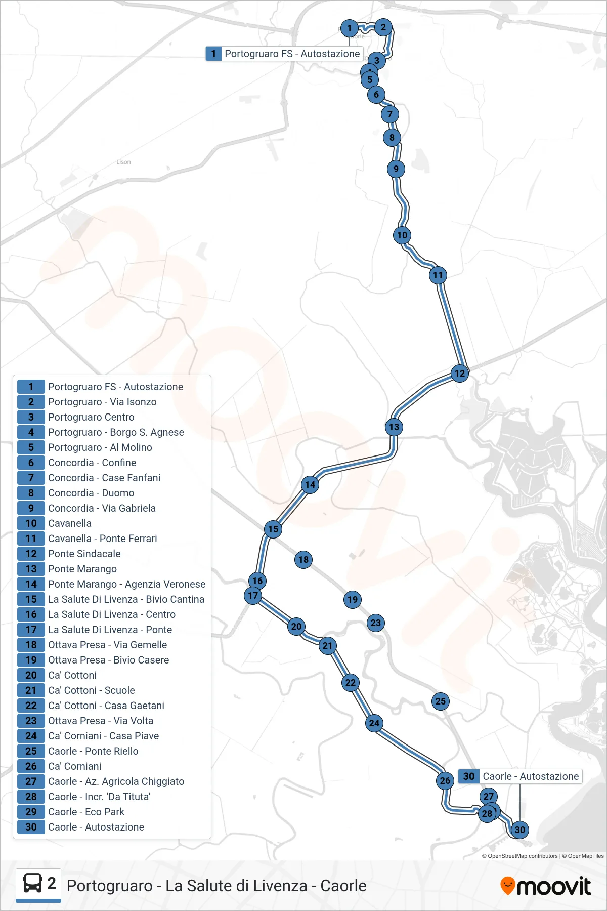 Linea 2 bus (Caorle) - Percorsi e fermate sulla mappa