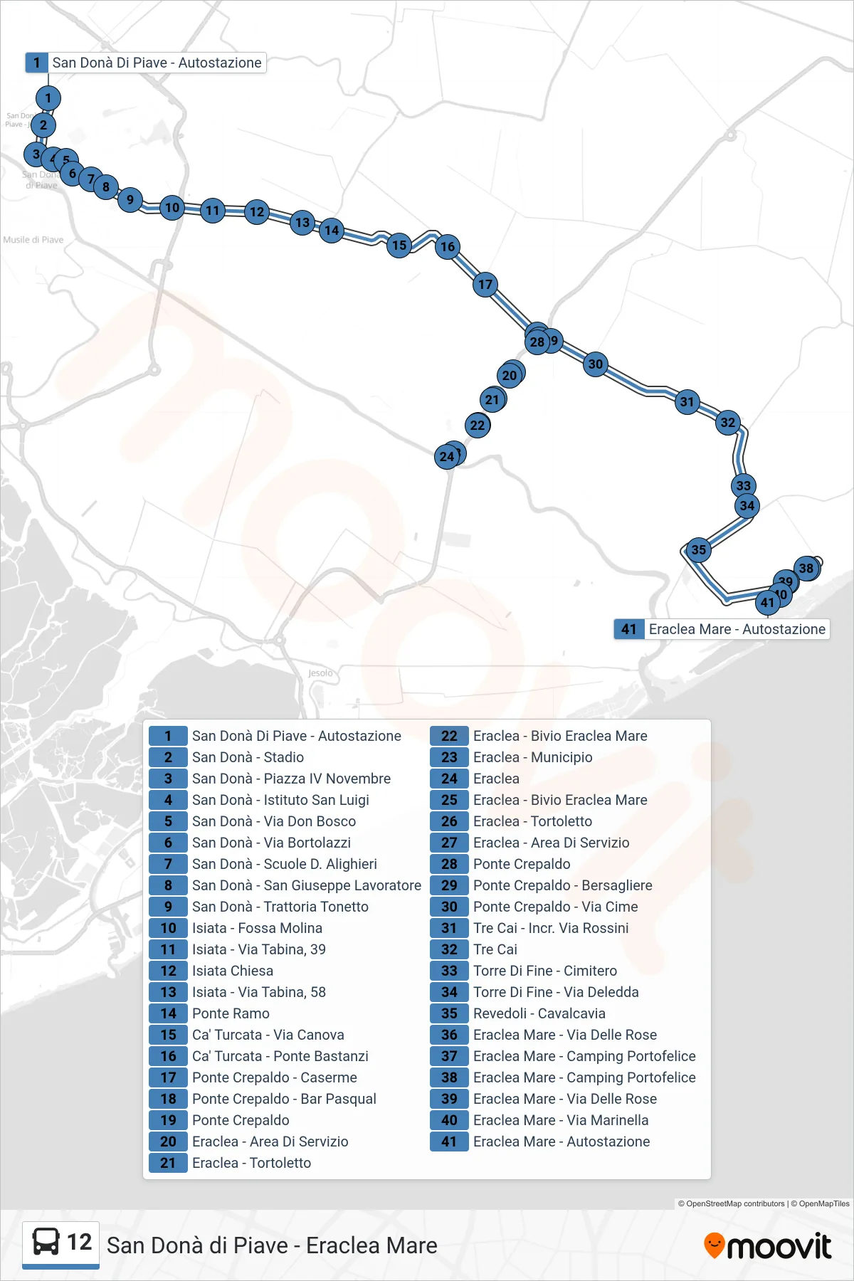 Linea 12 bus (Eraclea Mare) - Percorsi e fermate sulla mappa